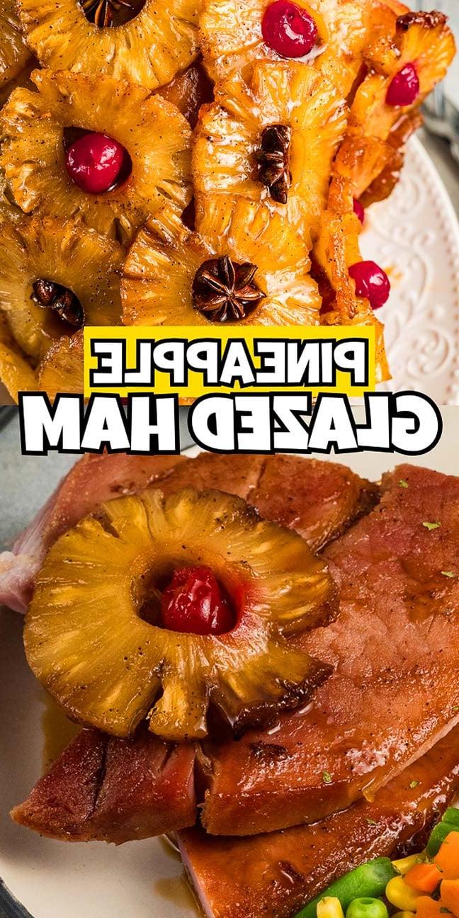 **Ζαμπόν Γλασαρισμένο με Ανανά** 19 Κοντινό πλάνο ενός γλασέ χοιρινού με ανανά, γαρνιρισμένο με δακτυλίους ανανά, κεράσια και γαρίφαλα, με το κείμενο «Νόστιμο Χοιρινό με Γλάσο Ανανά» να εμφανίζεται στο κέντρο.