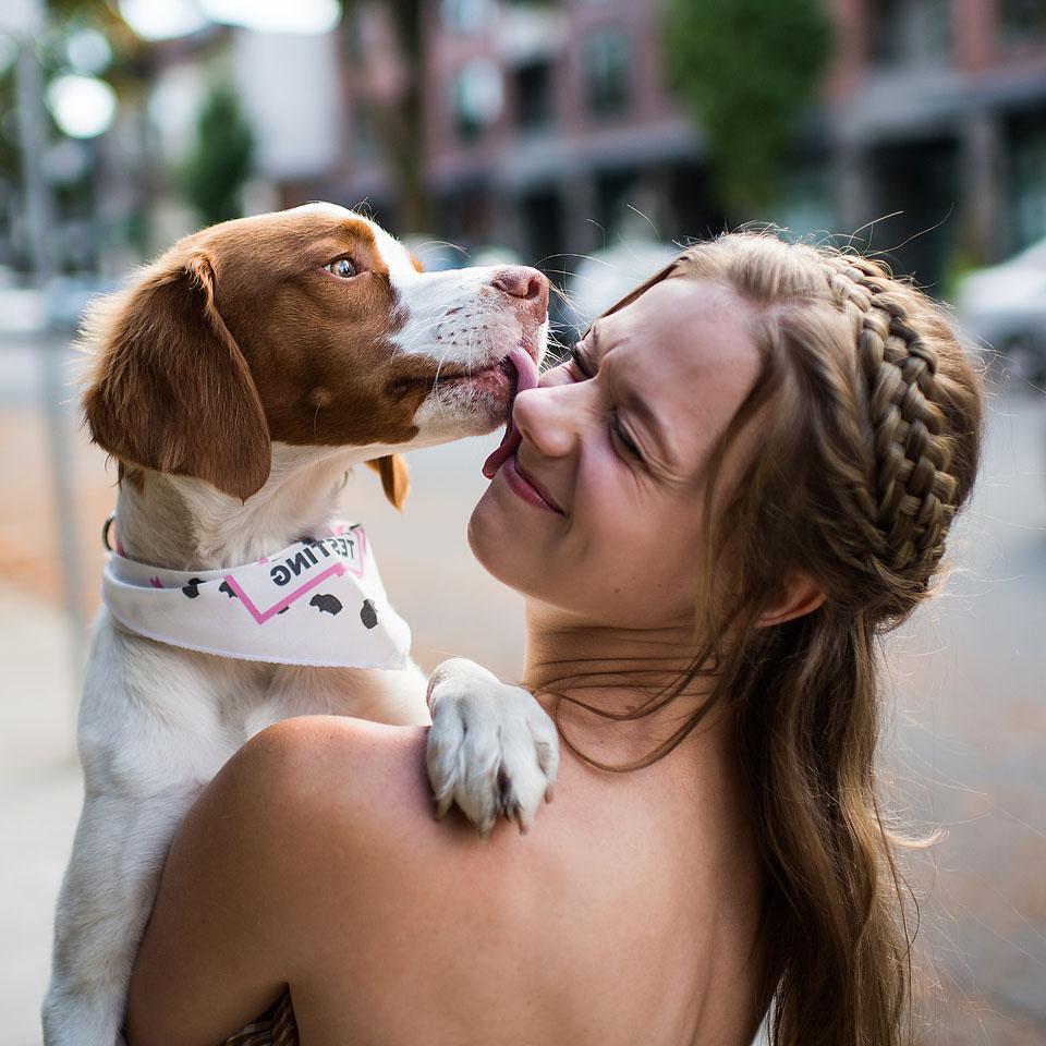 Ο Beau, ένα Brittany Spaniel, ποζάρει με τον δημιουργό του The Dogist, δείχνοντας την μοναδική τους σύνδεση.
