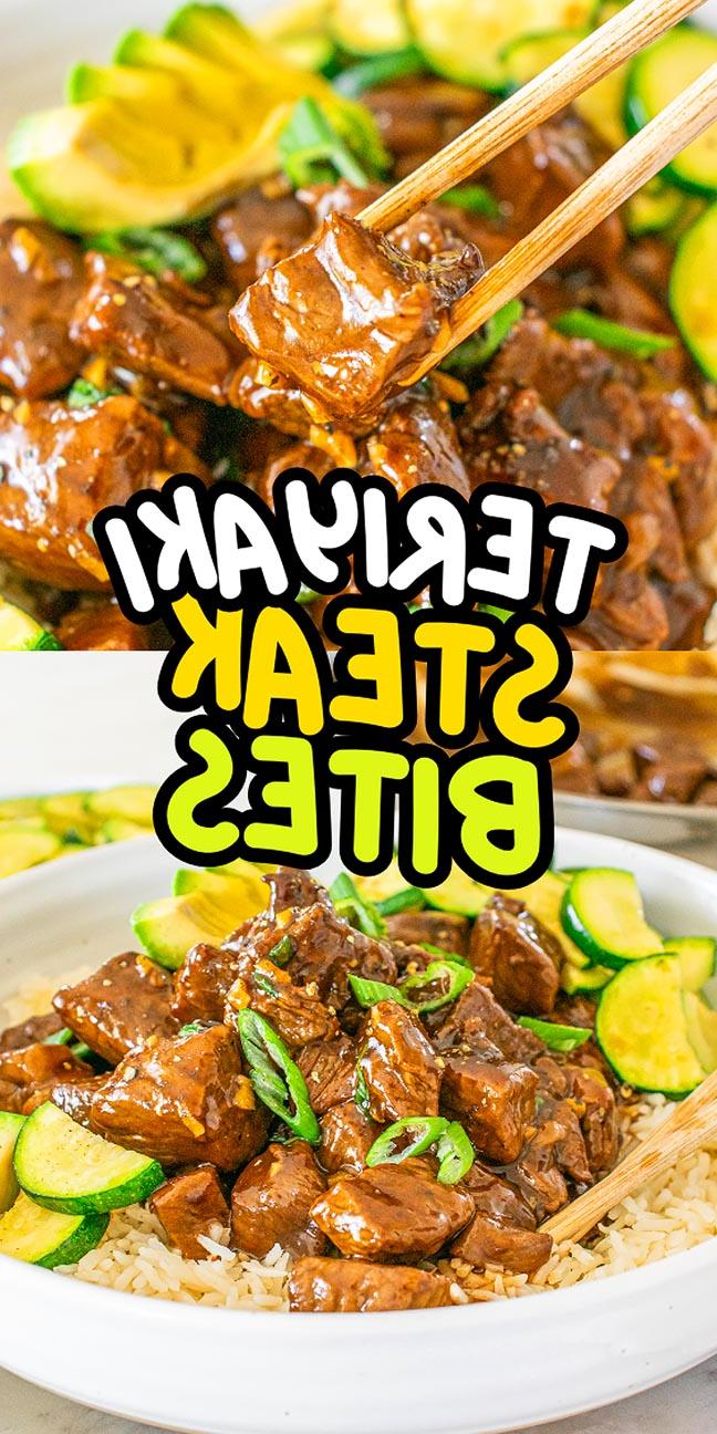 Τεριγιάκι Στέικ Μπουκίτσες 20 Ένα πιάτο με αλμυρές μπουκιές μοσχαριού τεριγιάκι με φρέσκα κρεμμυδάκια ακουμπά σε μια αφράτη βάση ρυζιού. Δύο ξύλινα τσόπστικς πιάνουν ένα ζουμερό κομμάτι, έτοιμο για την πρώτη απολαυστική μπουκιά.
