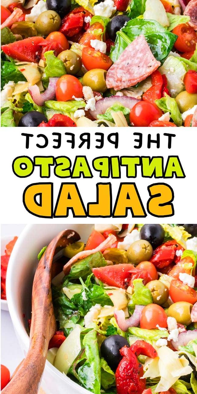 Εικόνα μιας ζωντανής σαλάτας αντιπάστο με ανάμεικτα πράσινα λαχανικά, ελιές, ντομάτες και αλλαντικά, με επικάλυψη κειμένου "The Perfect Antipasto Salad." (Η Τέλεια Σαλάτα Αντιπάστο.)