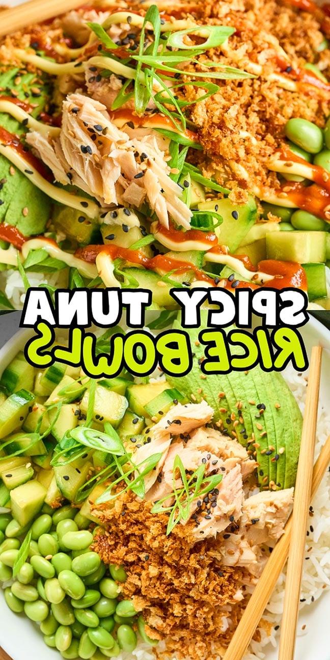 Μπολ Ρυζιού με Πικάντικο Τόνο 18 Ένα ζωντανό πικάντικο μπολ ρυζιού με τόνο που περιλαμβάνει ενταμάμε, κρεμώδες αβοκάντο, τριμμένο τόνο, σουσάμι και φρέσκα φρέσκα κρεμμυδάκια πάνω σε αφράτο ρύζι, όλα στεφανωμένα με μια ζεστή πικάντικη σάλτσα.
