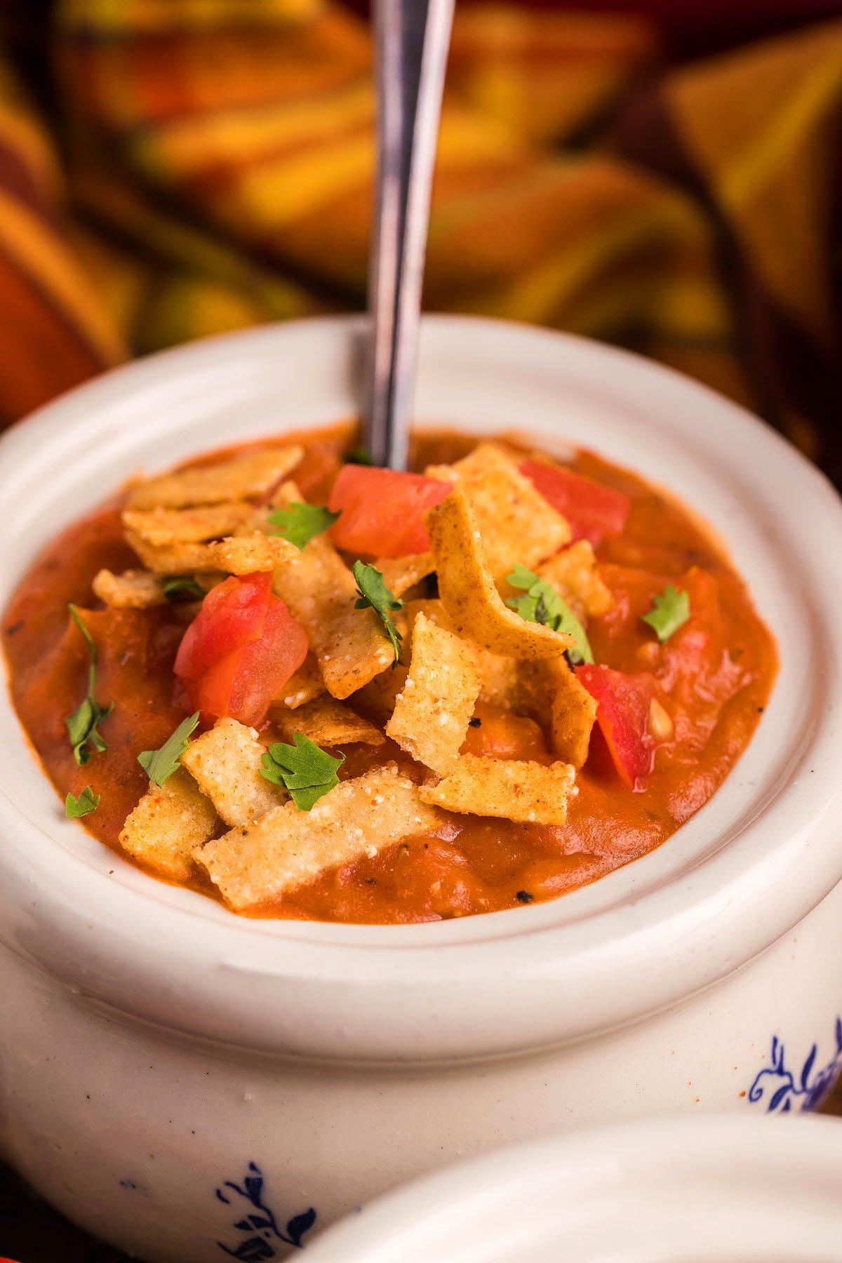 Σούπα Εντσιλάδα Κοτόπουλου – Τύπου Chili's 9 Ένα μπολ μεξικάνικης κρεμώδους σούπας γαρνιρισμένο με τραγανές λωρίδες τορτίγιας, ντομάτες σε κύβους και κόλιανδρο, ενισχυμένο με τρυφερά κομμάτια κοτόπουλου σούβλας, με ένα κουτάλι μέσα.