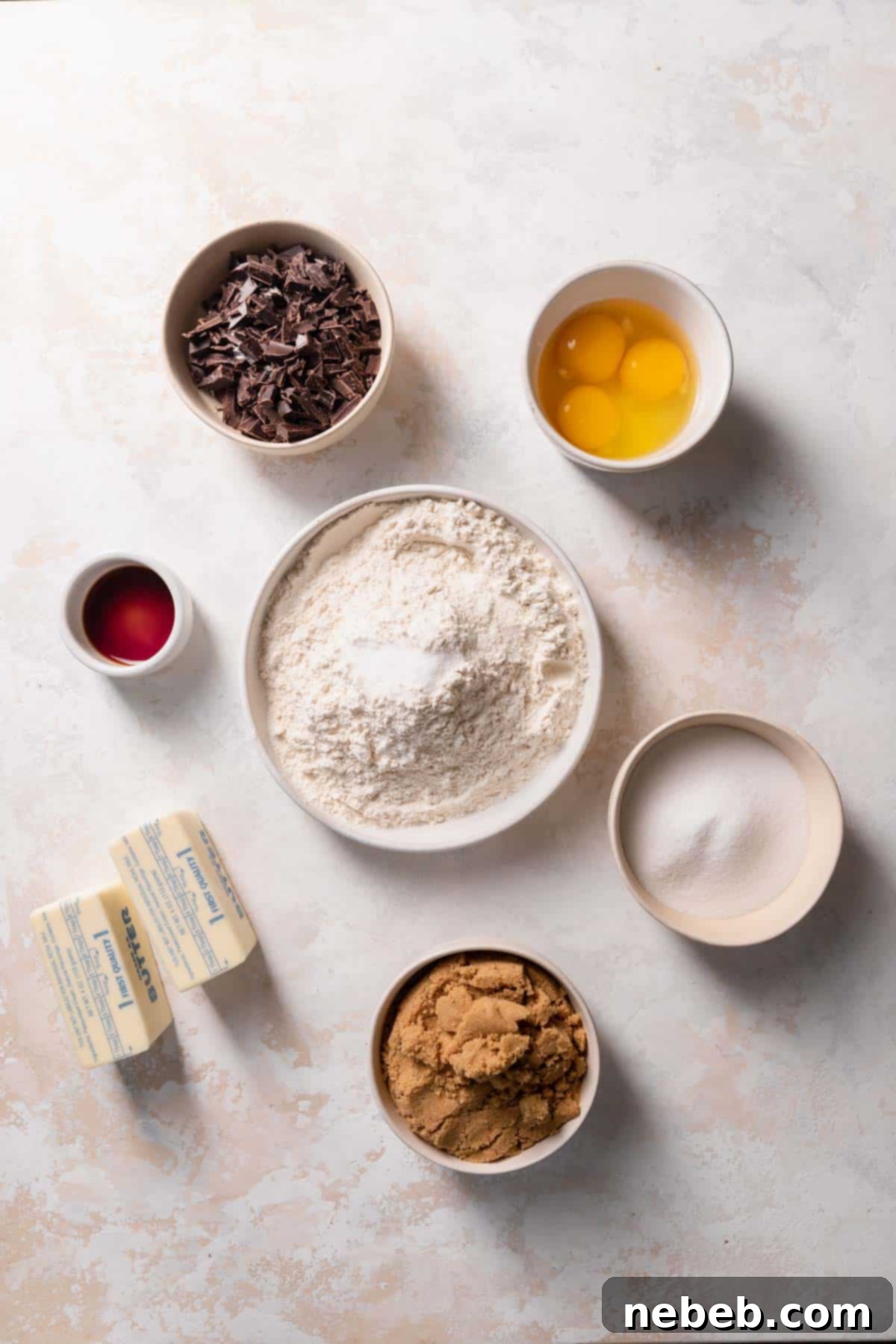 bowls of brown sugar, granulated sugar, flour, chocolate chips, and eggs, arranged as ingredients for blondies.