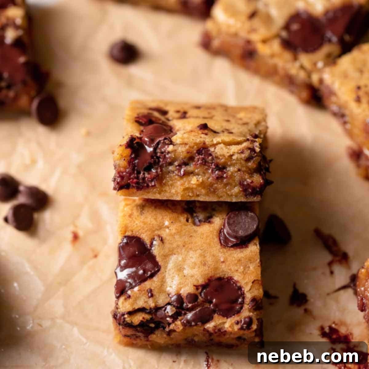 chocolate chip blondies stacked on top of each other, showcasing their inviting appearance.