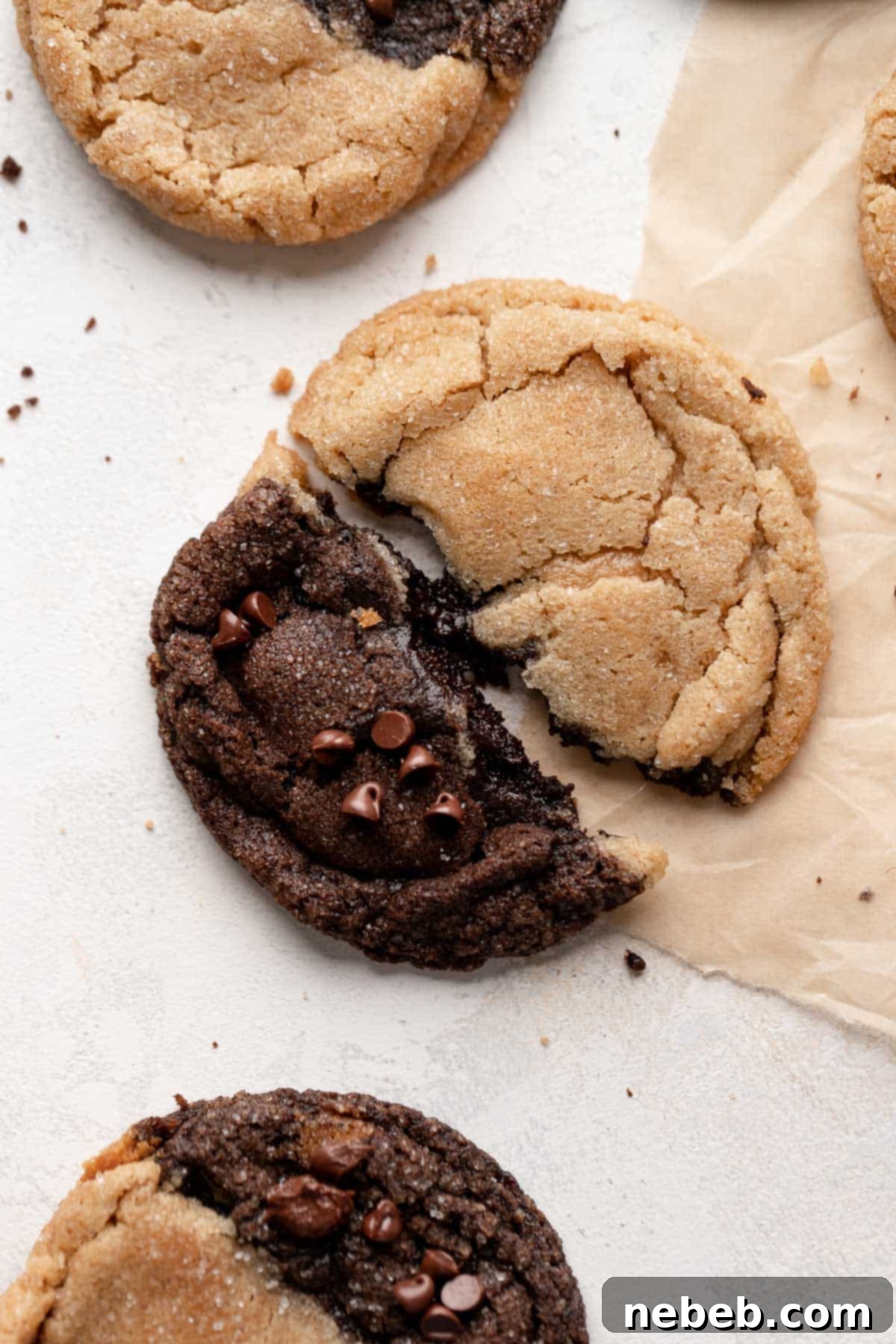 chocolate peanut butter swirled cookie broken in half.