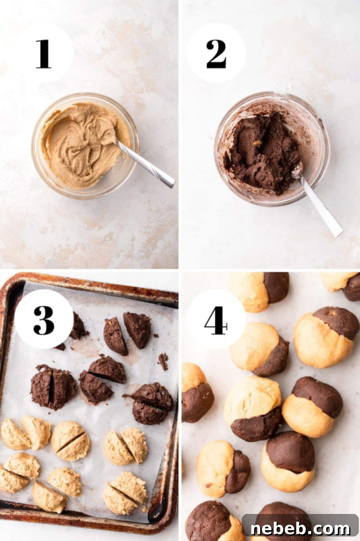 a collage of the methods for making chocolate peanut butter marbled cookies.