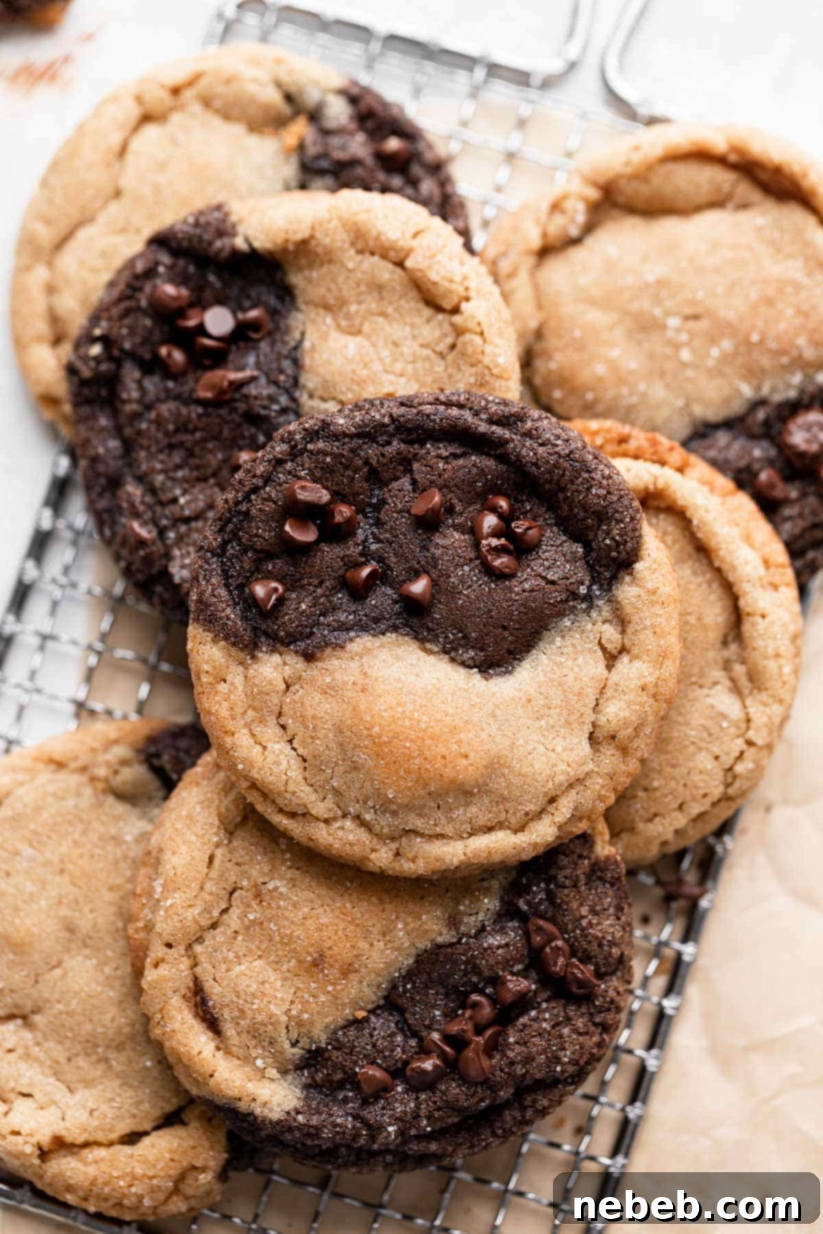 chocolate peanut butter cookies on a wire rack.