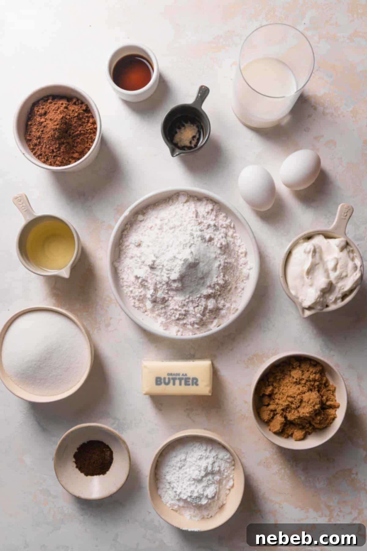 Bowls of meticulously prepped ingredients for chocolate coffee cake, including Dutch-processed cocoa powder, sour cream, brewed coffee, and room temperature butter.