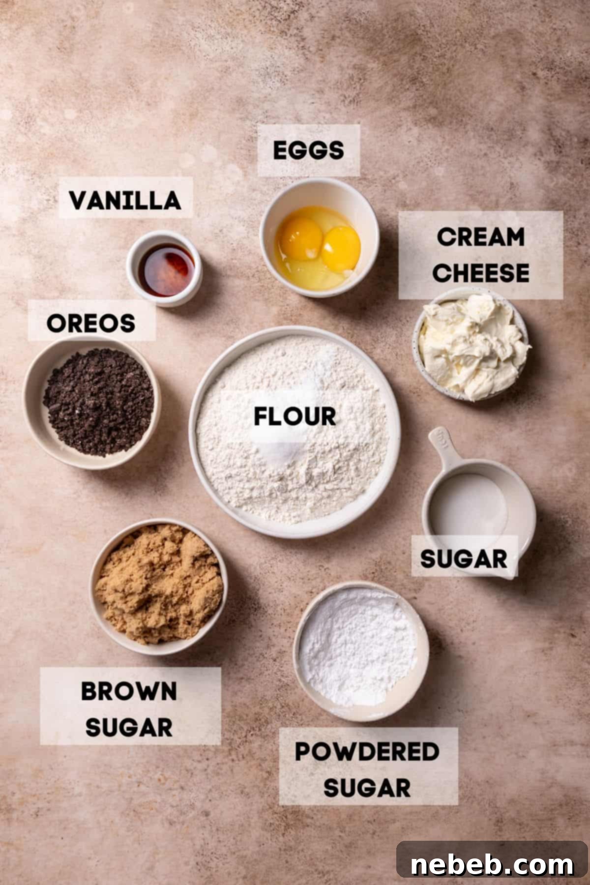 Ingredients needed to make delicious Oreo cookies with creamy cheesecake filling.