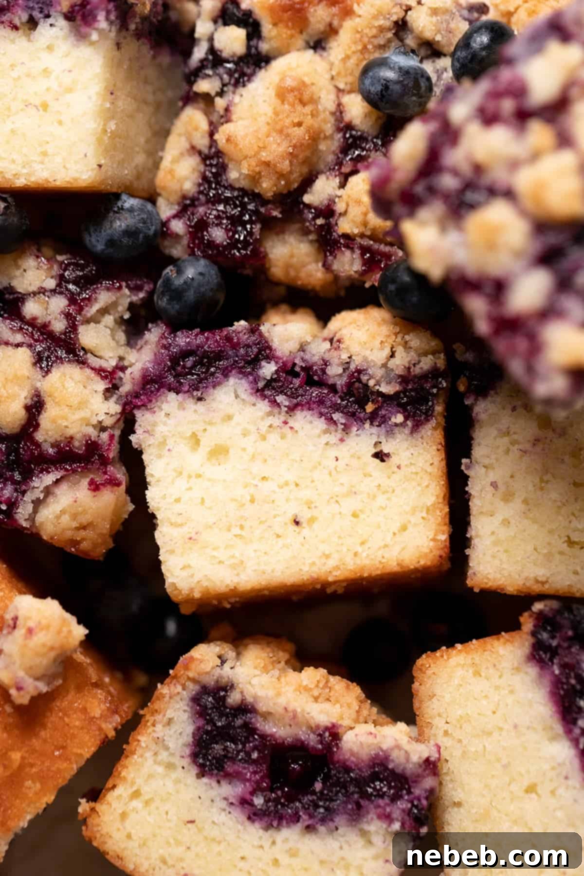 blueberry crumb cake cut into squares, showcasing layers of cake, blueberries, and streusel.