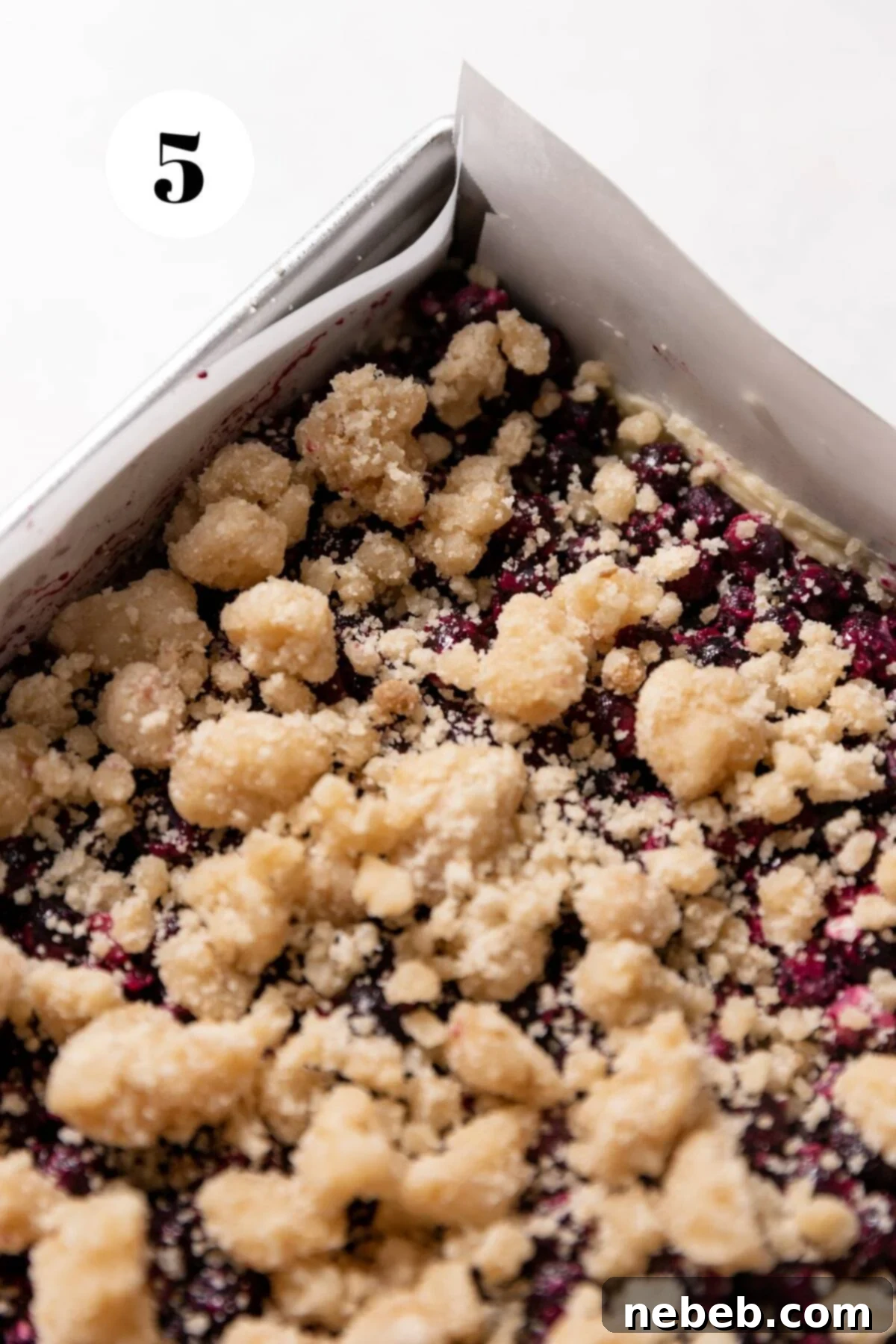 blueberry crumb cake in a baking pan, topped with streusel, ready for baking.