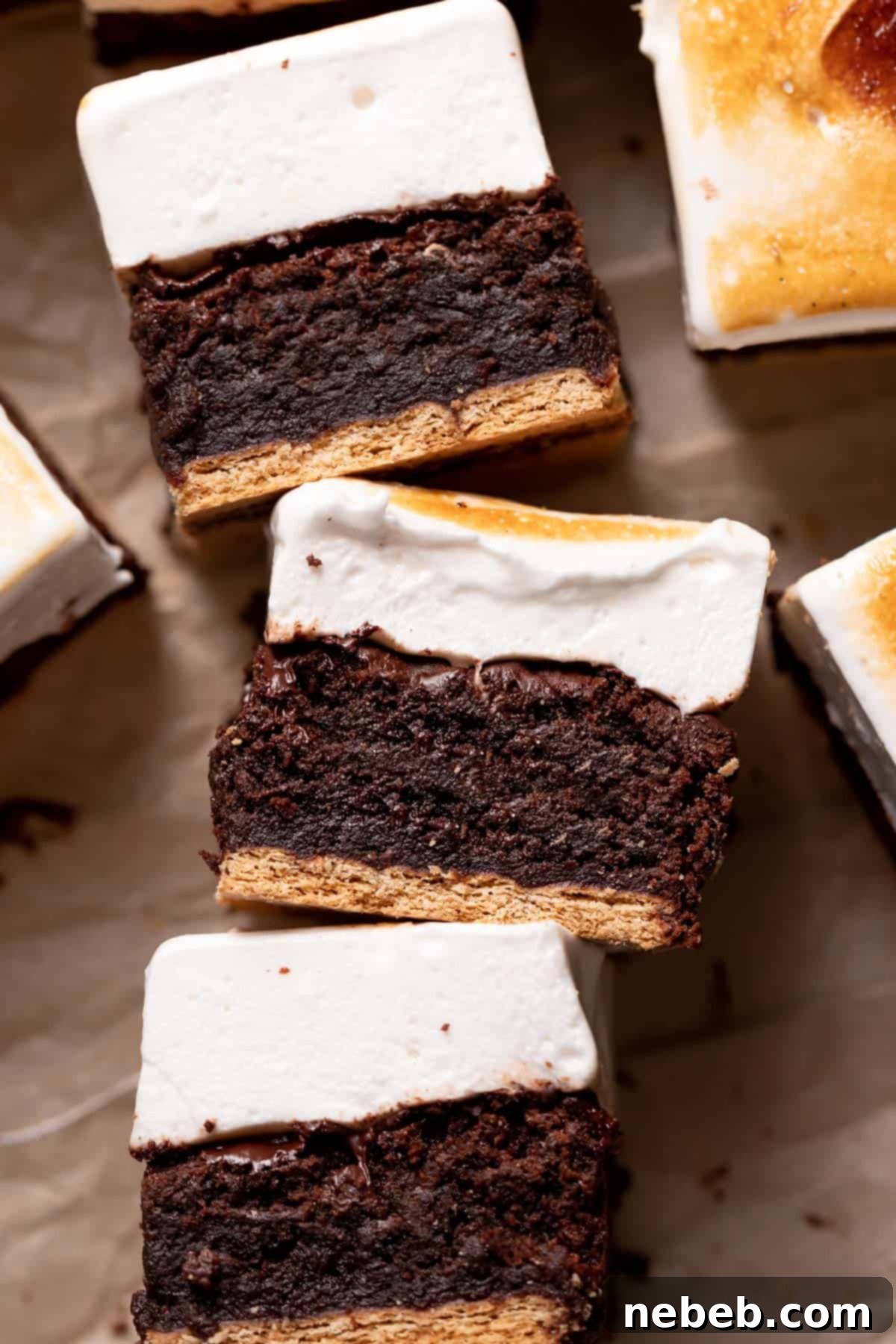 smores bars on their sides to show the layers.