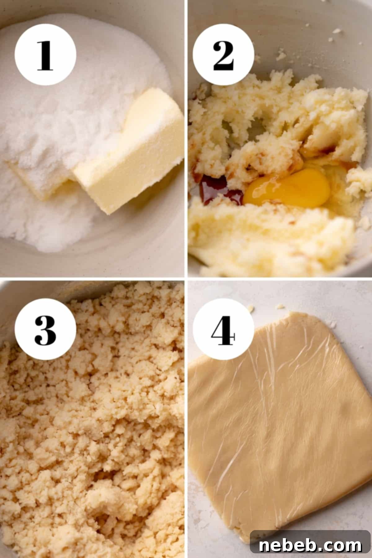 A four-panel collage showing the process of making shortbread linzer cookies: mixing wet ingredients, adding dry ingredients, chilling the dough disc, and rolling the dough between parchment paper.