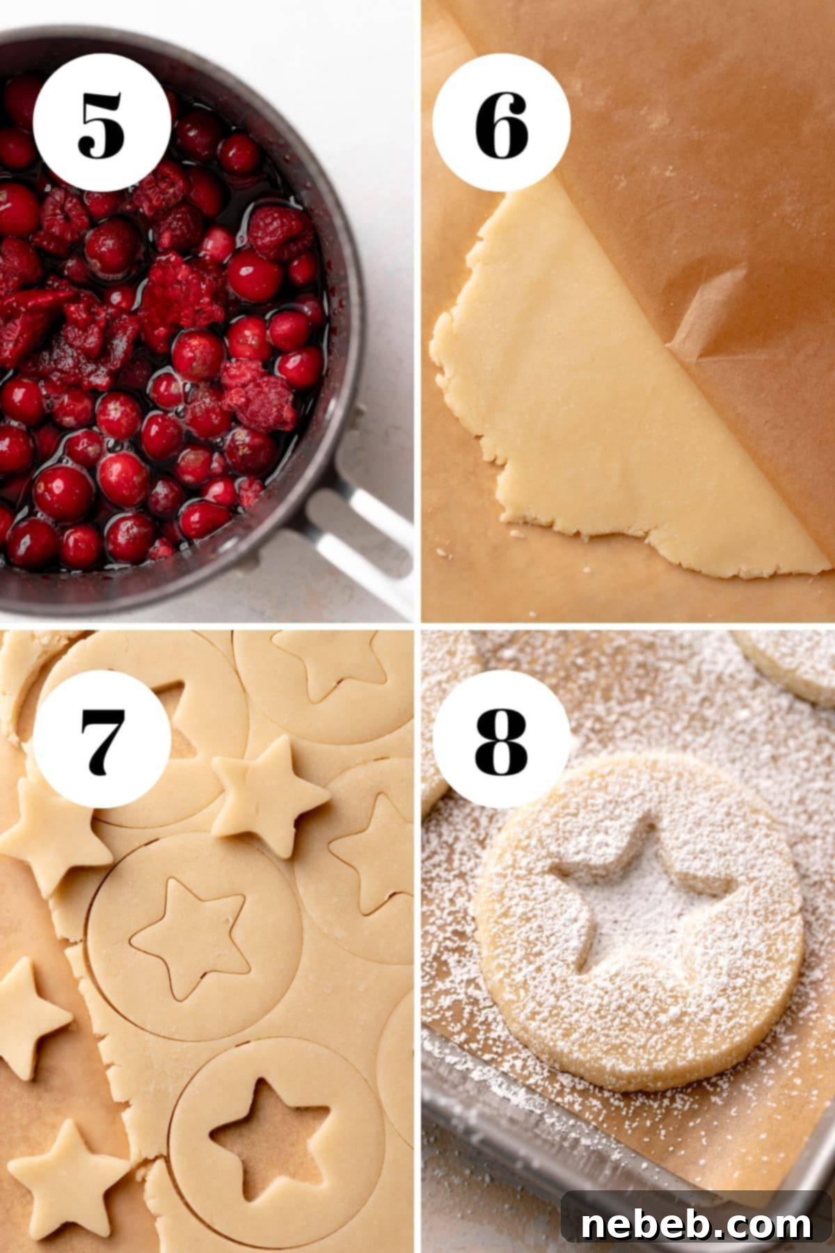 A process collage showing the steps for cutting out Linzer tart cookies: cutting round shapes, then cutting out the centers, and finally placing them on a baking sheet.