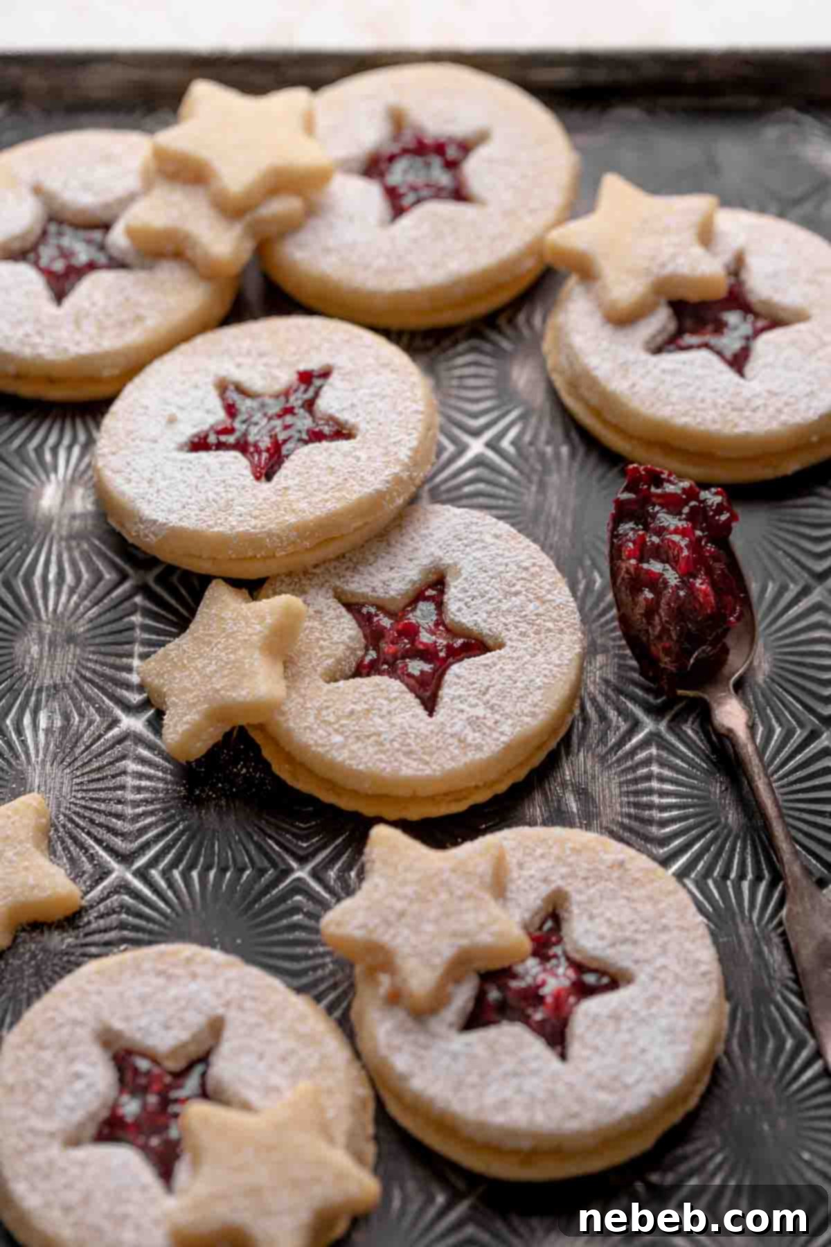 A perfectly assembled shortbread Linzer cookie with a visible cranberry raspberry jam filling and a generous dusting of powdered sugar, highlighting its elegant simplicity.