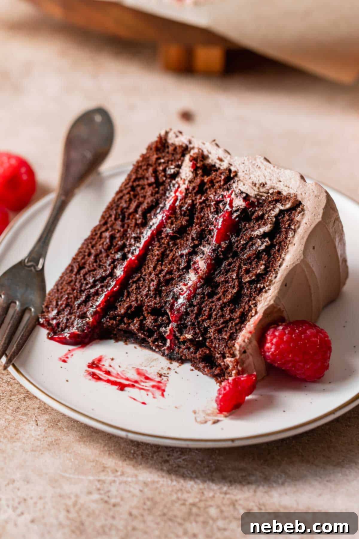 A slice of chocolate cake with raspberry filling on a white plate with a bite missing.