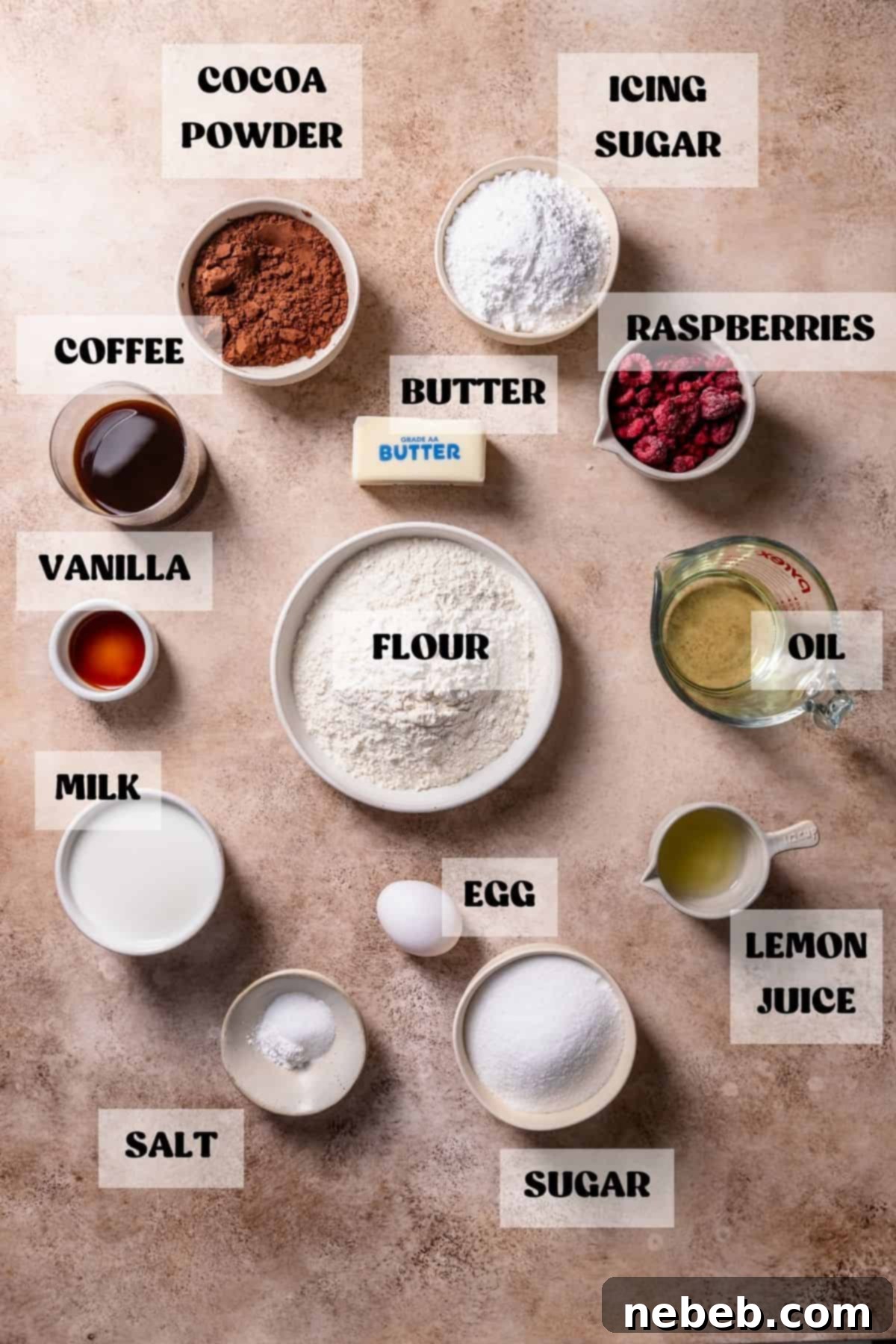 Ingredients needed to make chocolate cake with raspberries in bowls with labels.