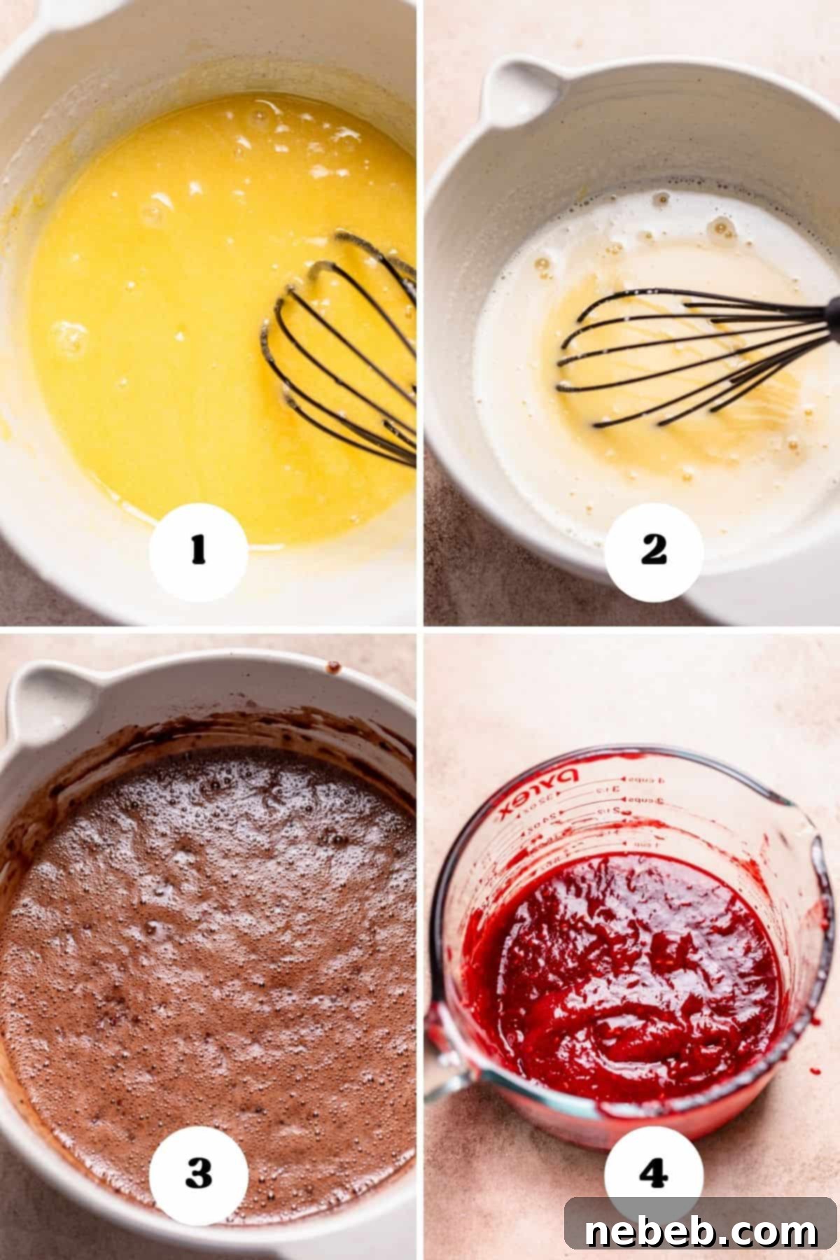 A process collage of the steps for making the chocolate cake batter.