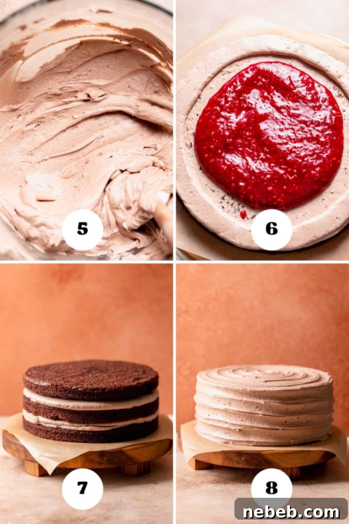 A process collage of the steps for filling and frosting the chocolate cake.