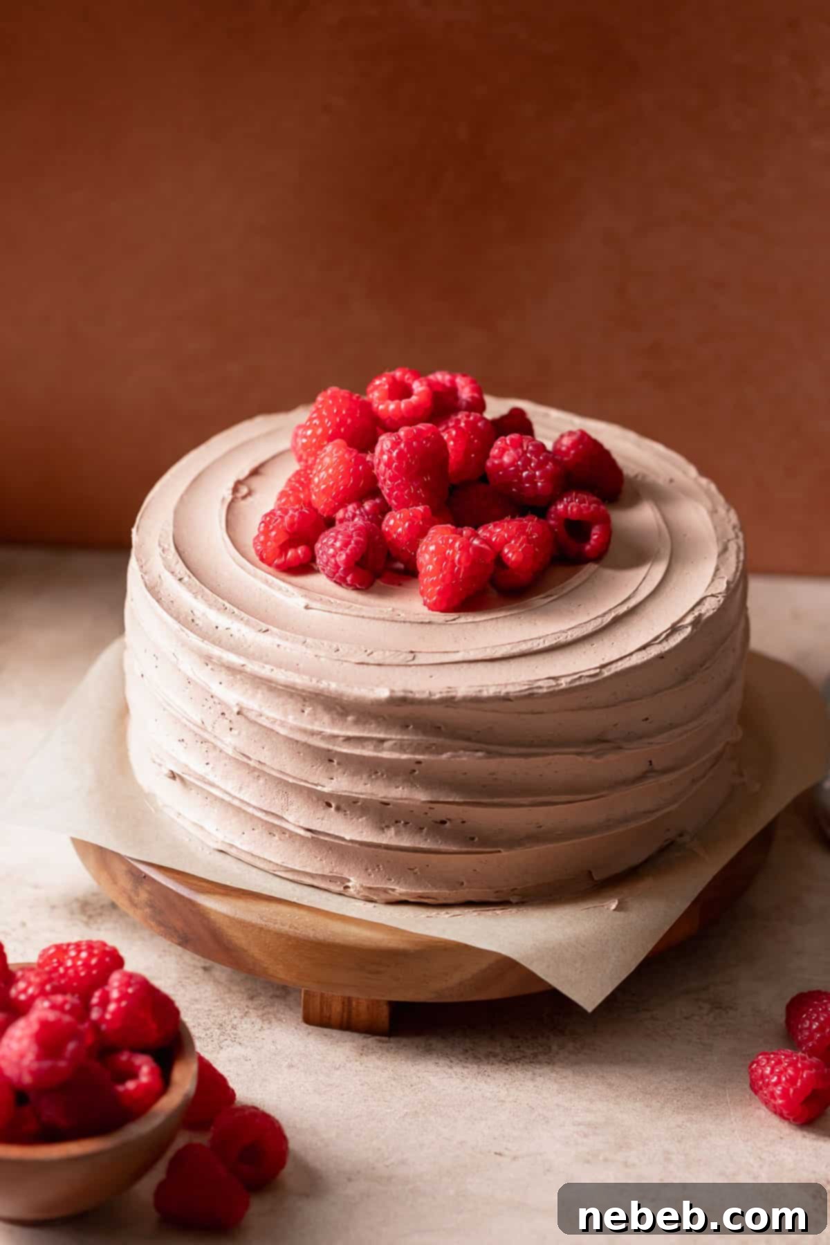Chocolate raspberry cake with fresh raspberries on top on a wooden cake stand.