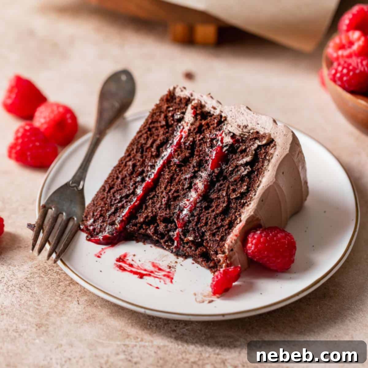 A slice of raspberry filled chocolate cake on a white plate with a bite missing.
