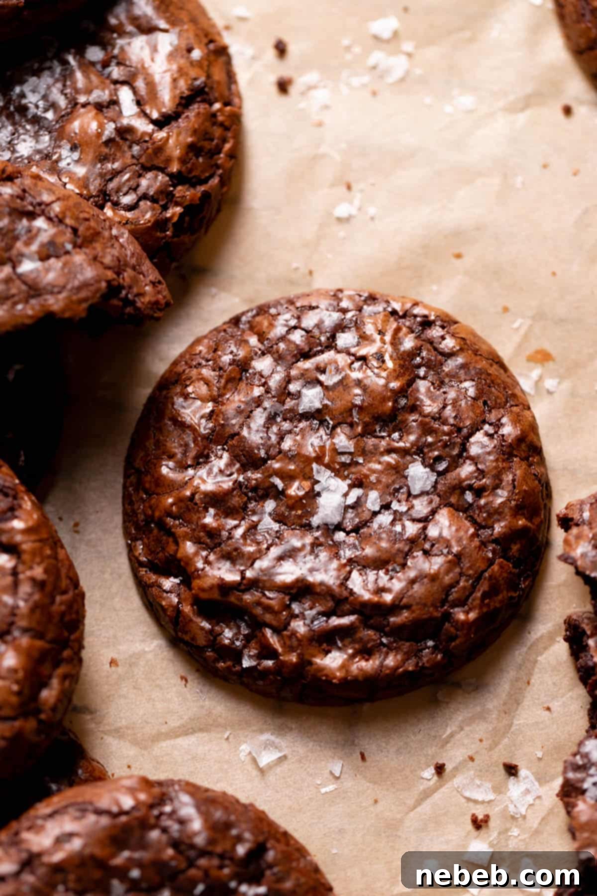 A perfectly crinkled brownie cookie on brown parchment paper, lightly sprinkled with flaky sea salt.