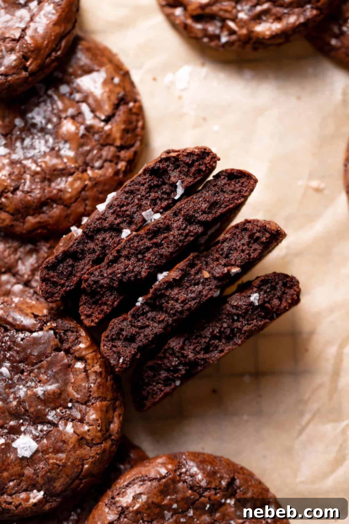 A stack of three fudgy brownie crinkle cookies cut in half, revealing their rich, moist interior and crinkled tops.