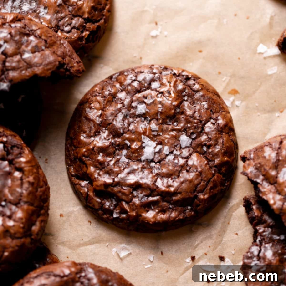 A few brownie crinkle cookies on brown parchment paper, lightly sprinkled with sea salt, showcasing their perfect texture and appearance.