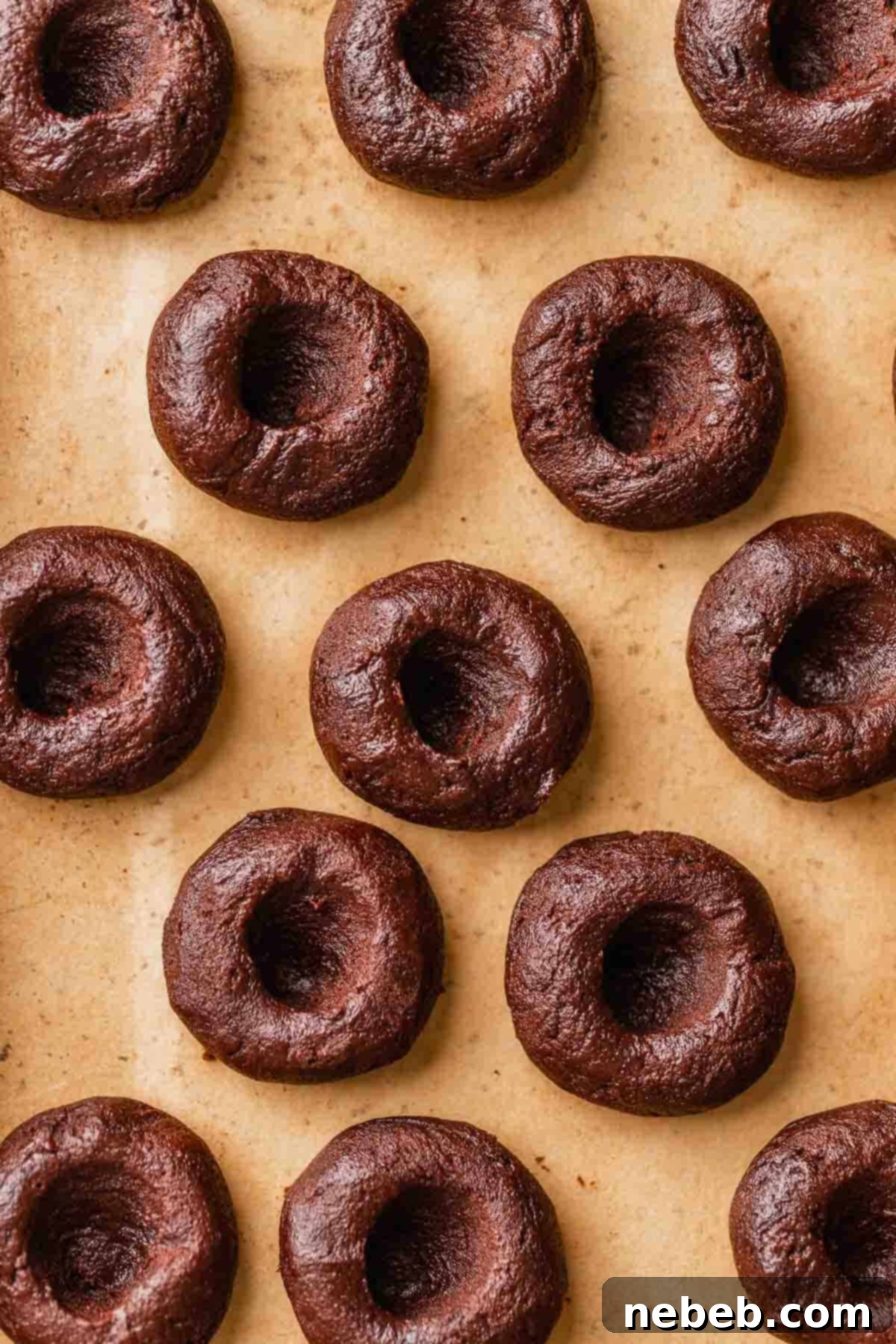 Raw chocolate cookie dough balls with perfect indentations in the center, arranged on a baking sheet lined with parchment paper.