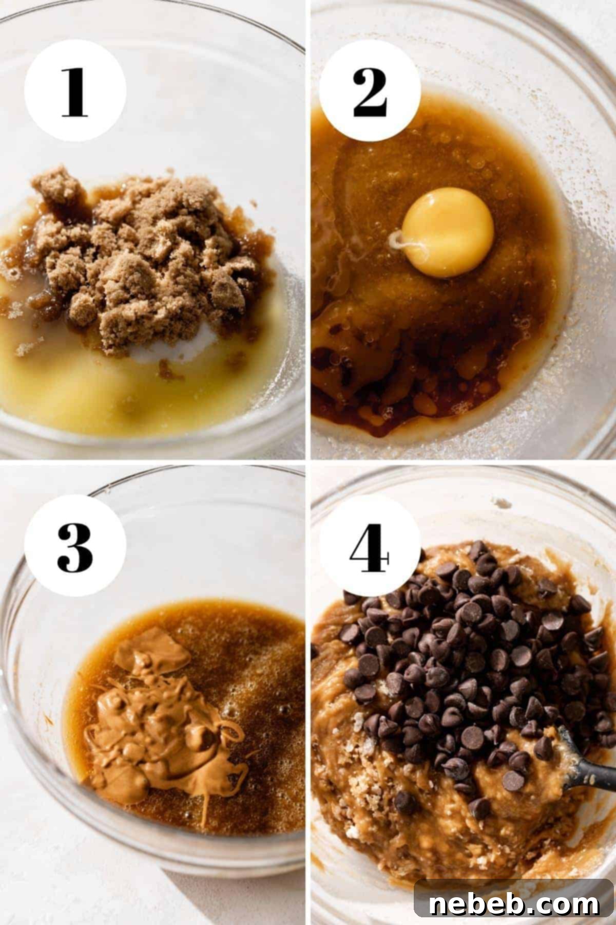 A collage showing the first few steps of mixing ingredients for Nutter Butter bars in a bowl.