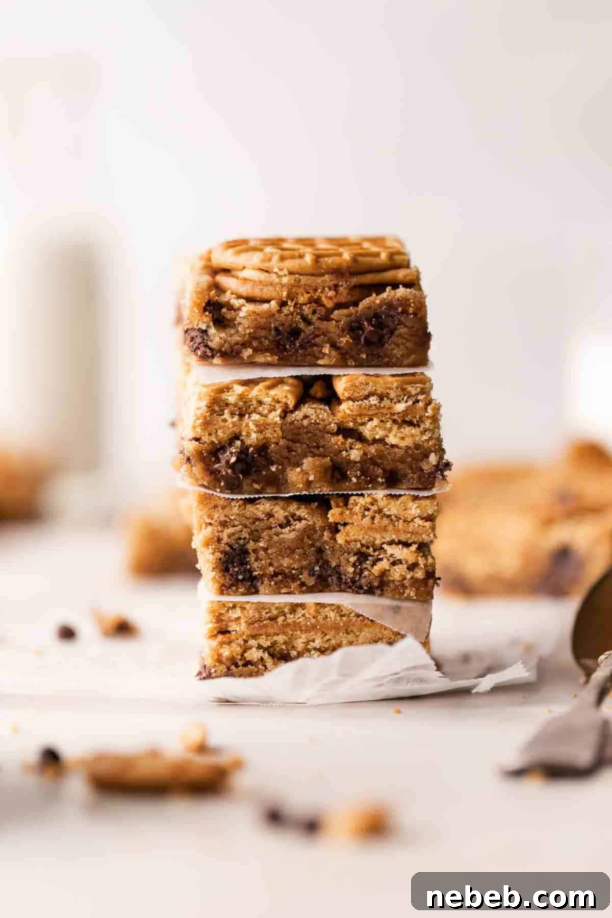 A stack of Nutter Butter bars, perfectly cut and ready to serve, showing the rich texture.