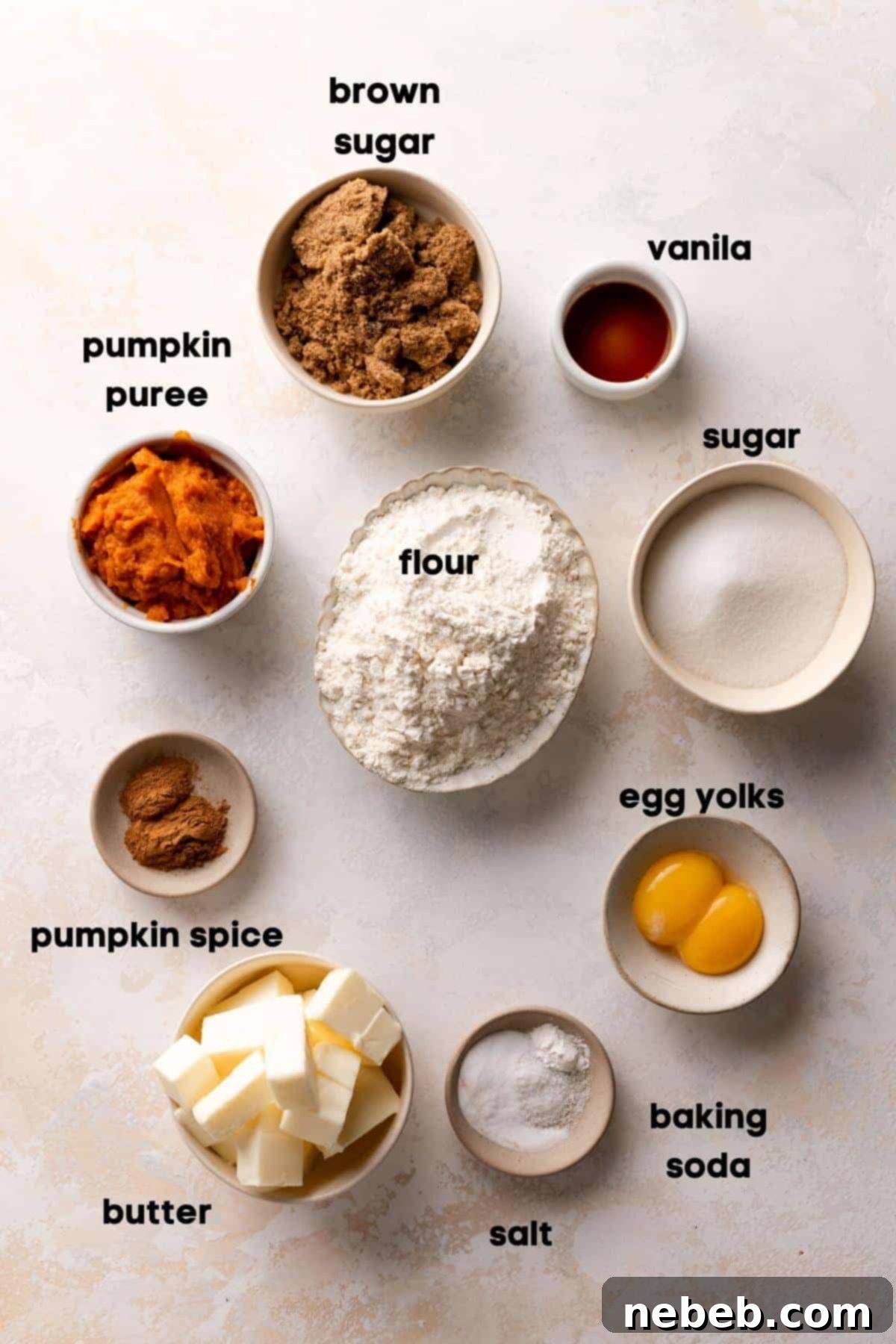 Spiced Pumpkin Snickerdoodle Delights 3 Ingredients needed to make pumpkin snickerdoodles in bowls with labels.