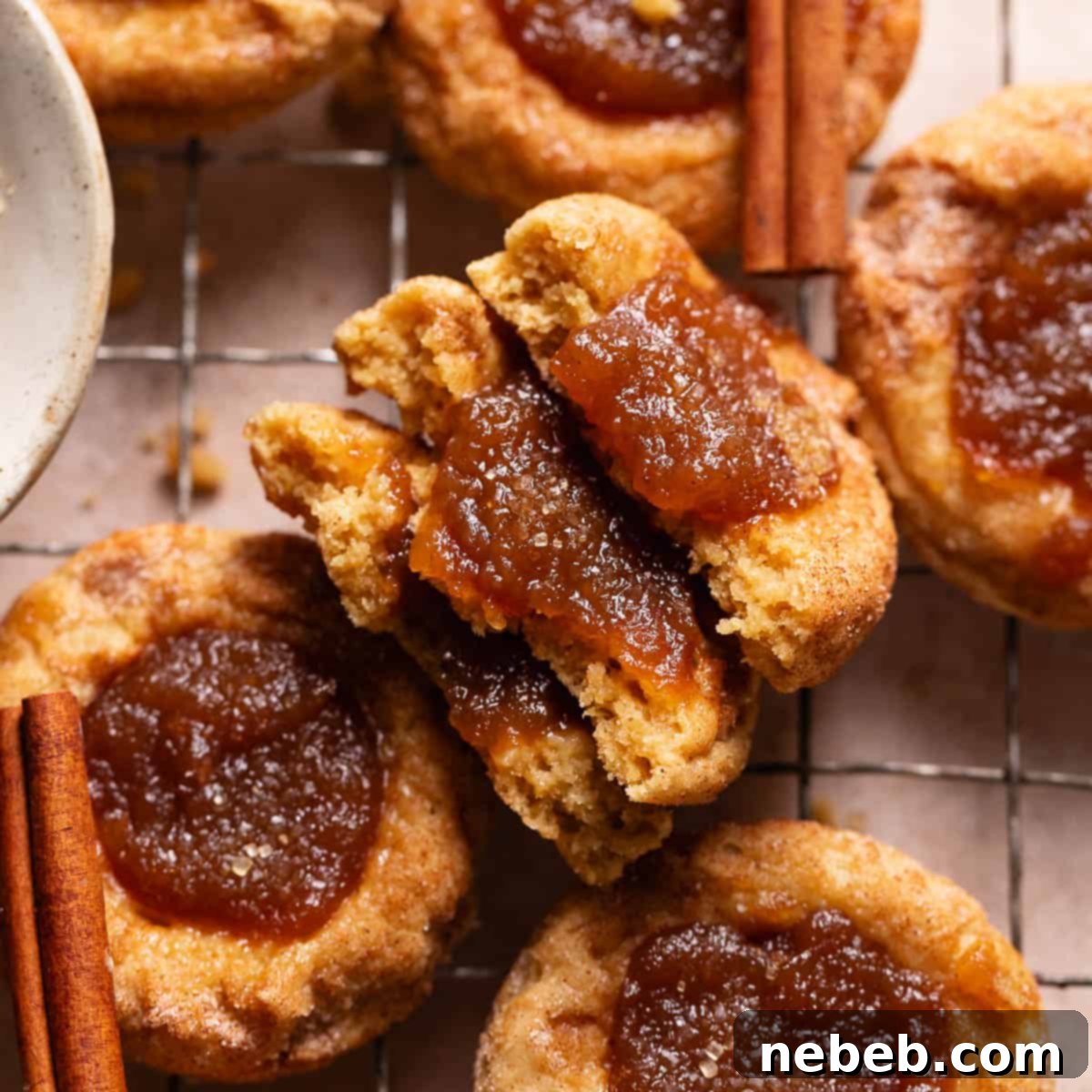 Irresistible Apple Butter Snickerdoodles 10 Apple butter cookies cut in half to show the filled centers.