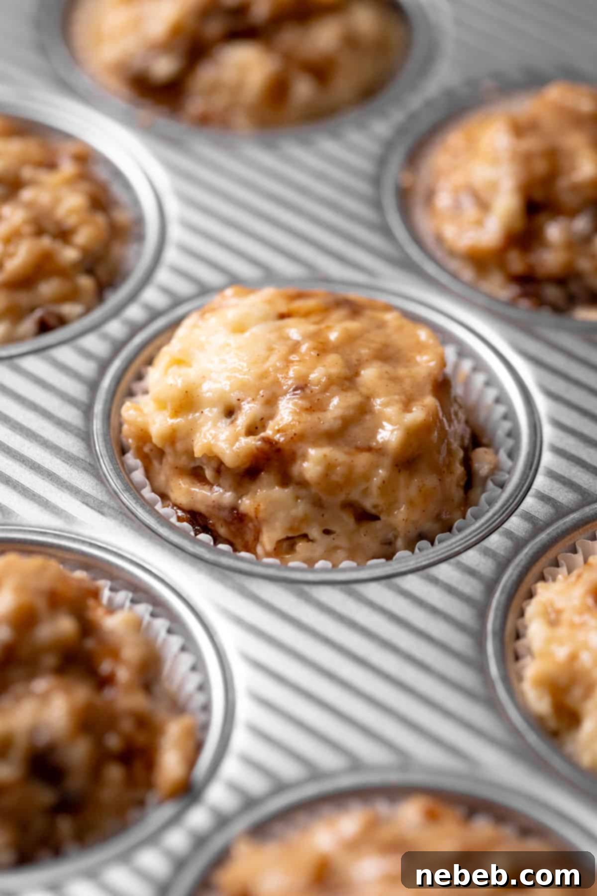 A muffin pan with the cinnamon batter scooped into the muffin liners.