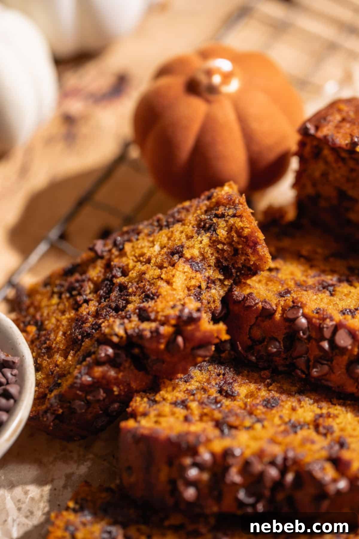A close-up of a slice of chocolate chip pumpkin loaf with a bite taken out, highlighting its moist interior and melted chocolate.