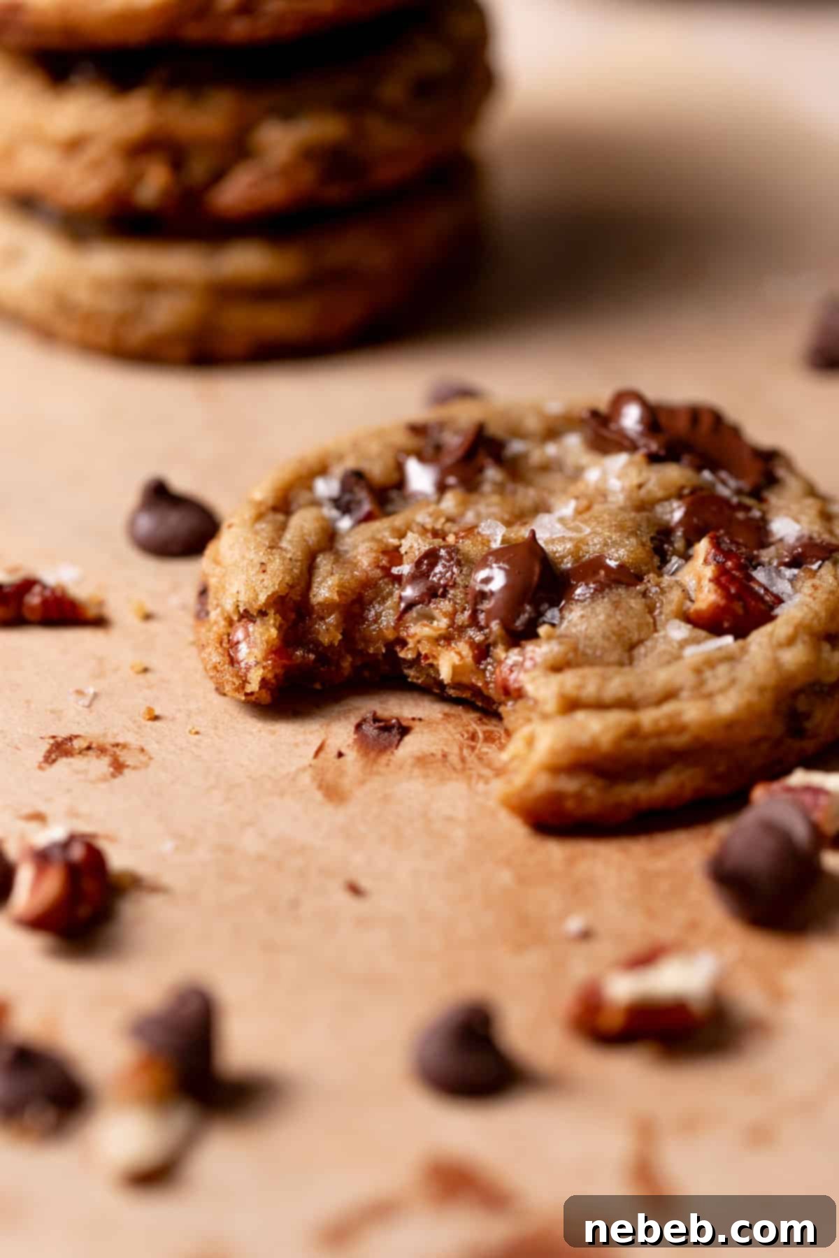 A perfectly baked chocolate pecan cookie, dusted with flaky sea salt, with a bite taken out of it, resting on parchment paper.
