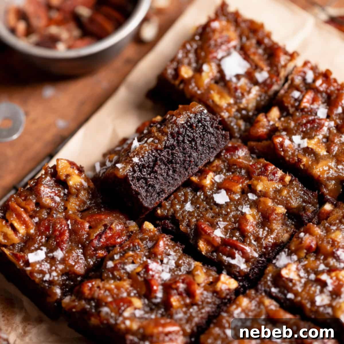 Brownies with pecan pie topping cut into bars, stacked to show the distinct layers.