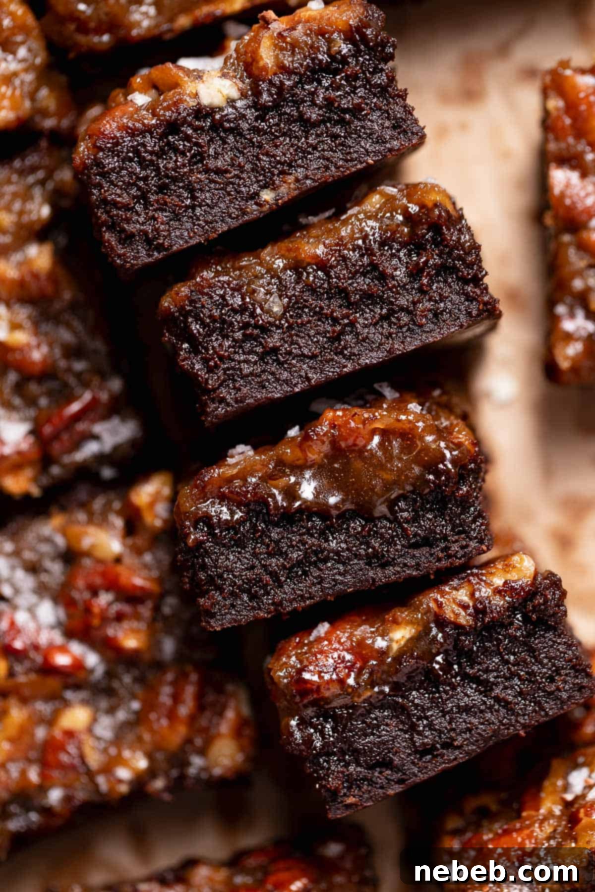 Pecan pie brownies stood on their sides to clearly show the distinct layers of the fudgy bourbon chocolate brownie and the gooey pecan pie topping.