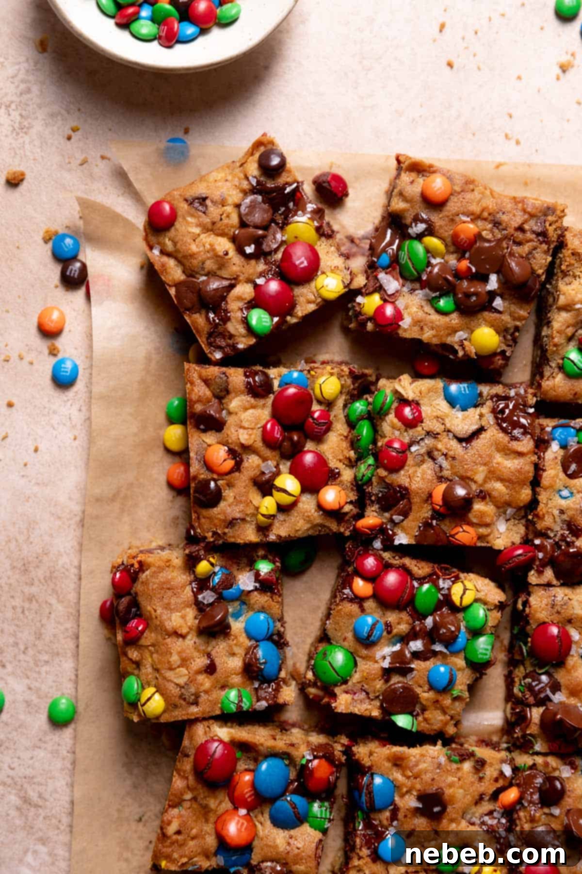 Ultimate Monster Cookie Bars 2 Monster cookie bars on parchment paper surrounded by mm candies.