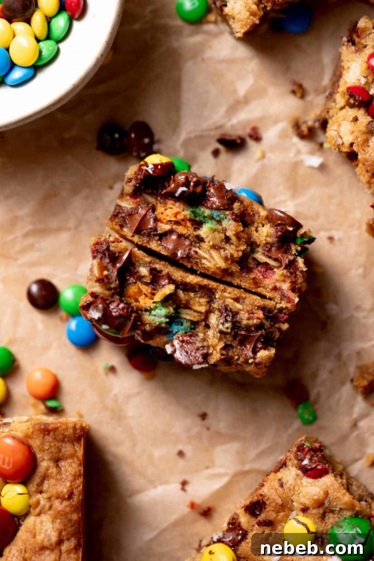Ultimate Monster Cookie Bars 8 A cookie bar broken in half to show the chewy oatmeal texture.