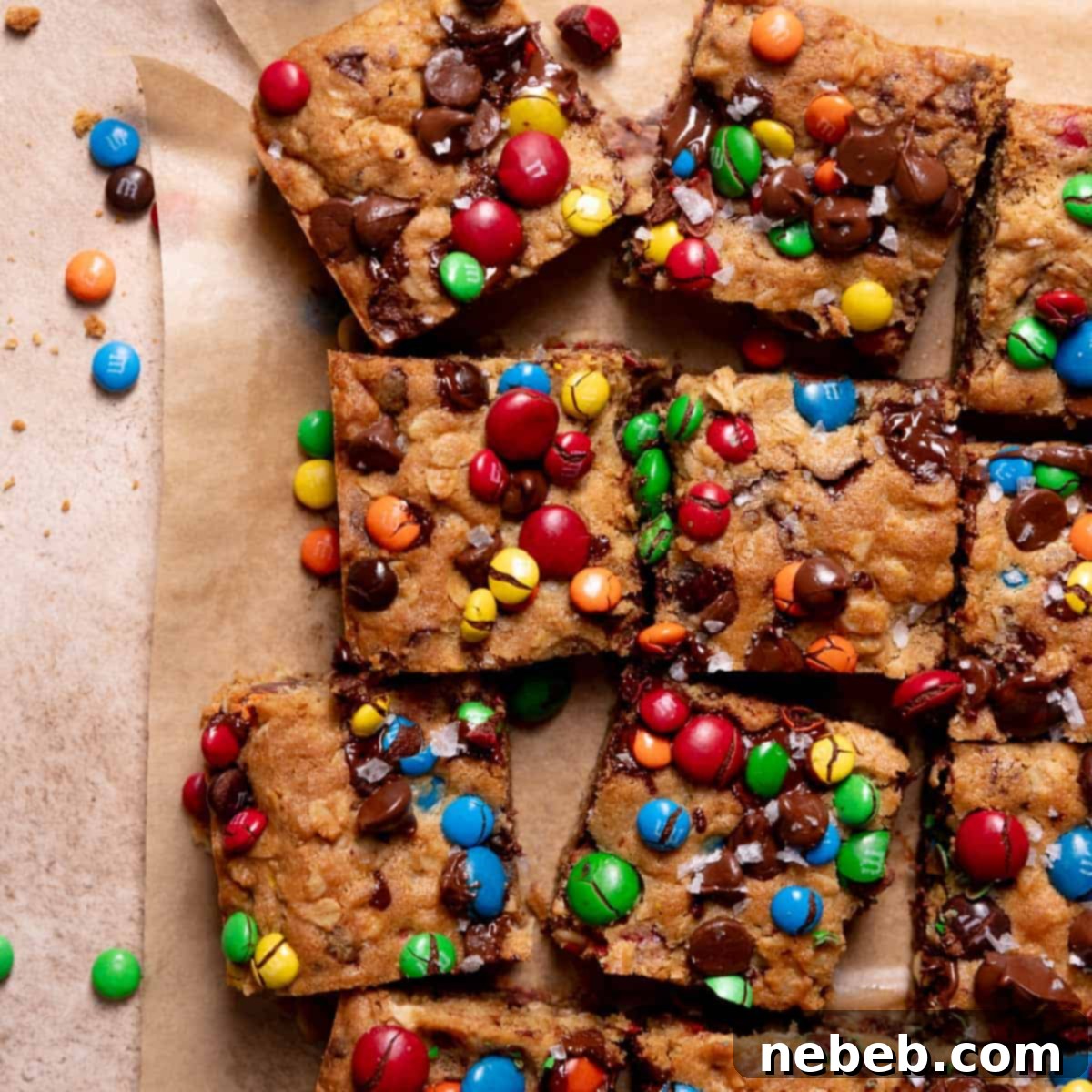 Ultimate Monster Cookie Bars 9 Monster cookie bars on parchment paper with mm candies and chocolate chips on top.