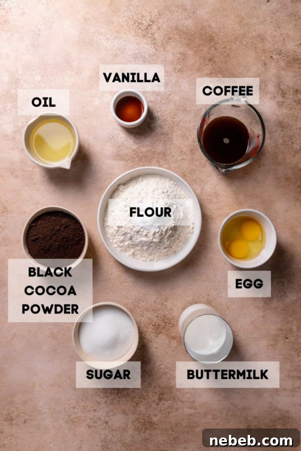 Ingredients needed to make black chocolate cake in bowls with labels, ready for baking.