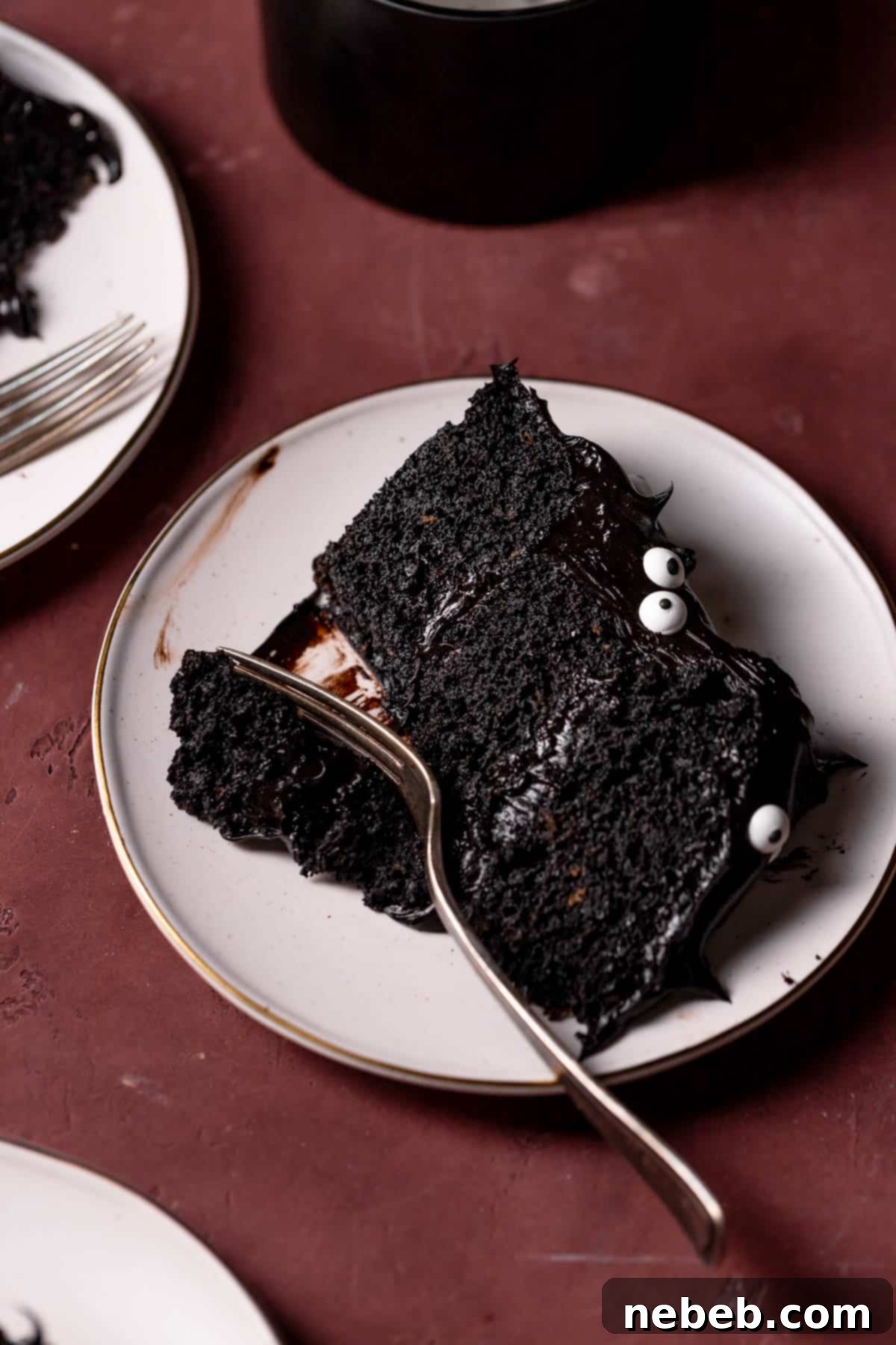 A perfectly sliced piece of black chocolate cake on a white plate with a bite taken out, highlighting its moist texture and dark interior.