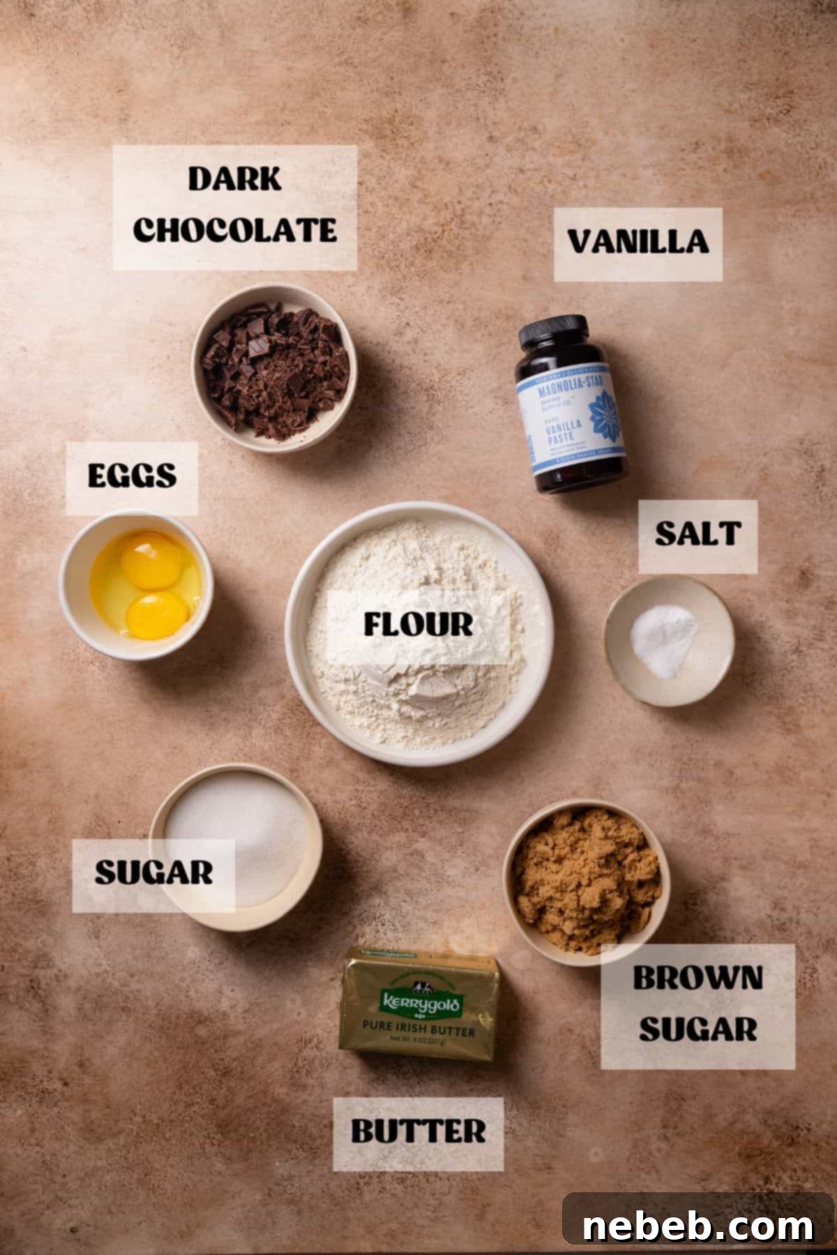 Decadent Brown Butter Toffee Chocolate Chip Cookies 3 Ingredients needed to make brown butter toffee cookies in bowls with labels.