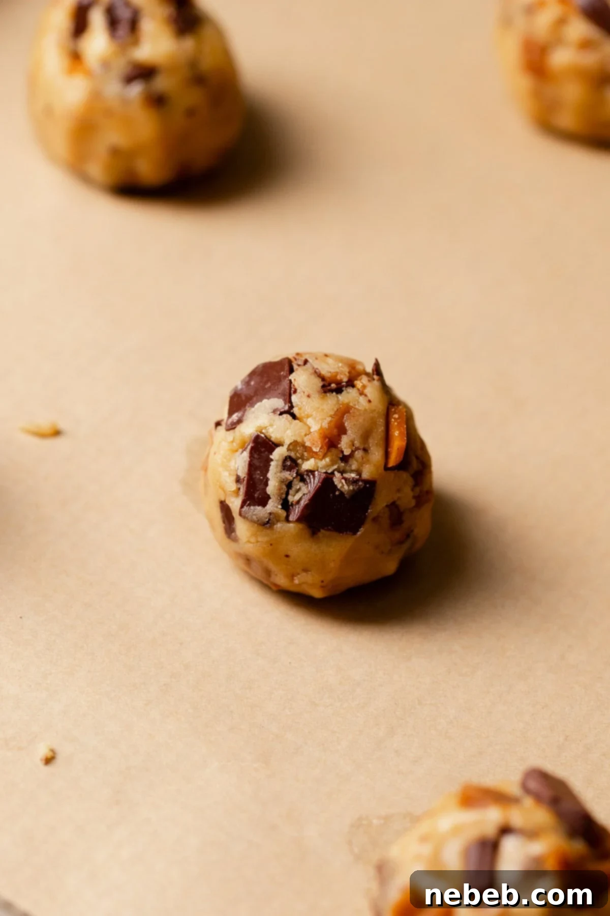 Decadent Brown Butter Toffee Chocolate Chip Cookies 8 Toffee cookie dough balls on a baking sheet before baking.
