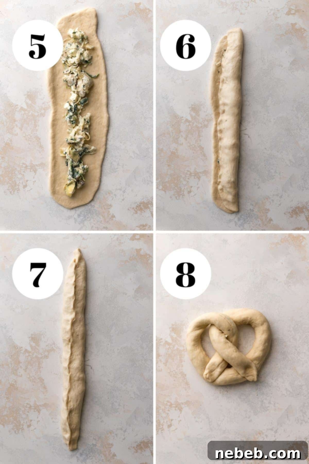 Creamy Spinach Artichoke Stuffed Pretzels 7 a process collage of the steps for stuffing the pretzel dough.