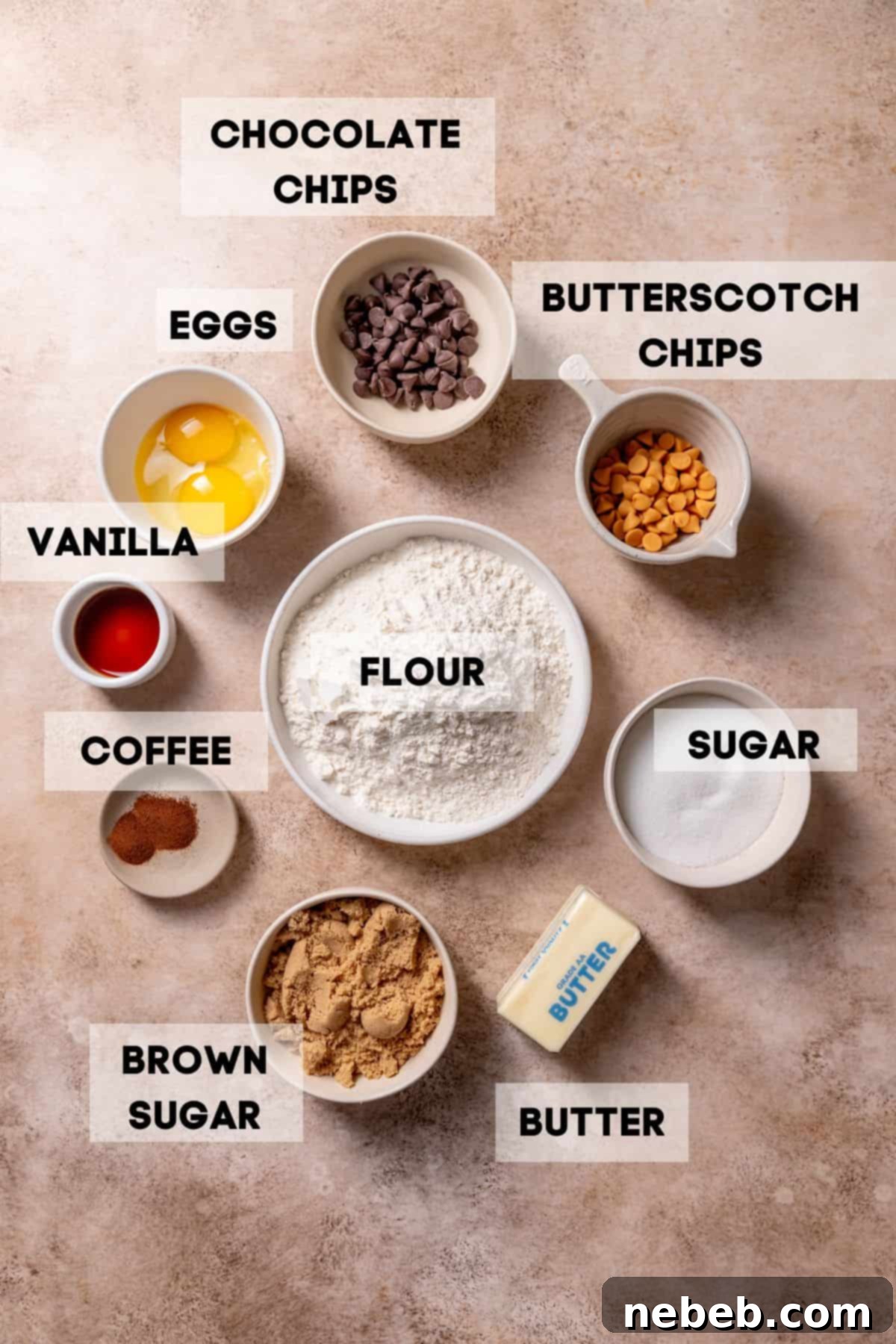 Bowls of ingredients for butterscotch chocolate chip cookies, neatly labeled and ready for baking.