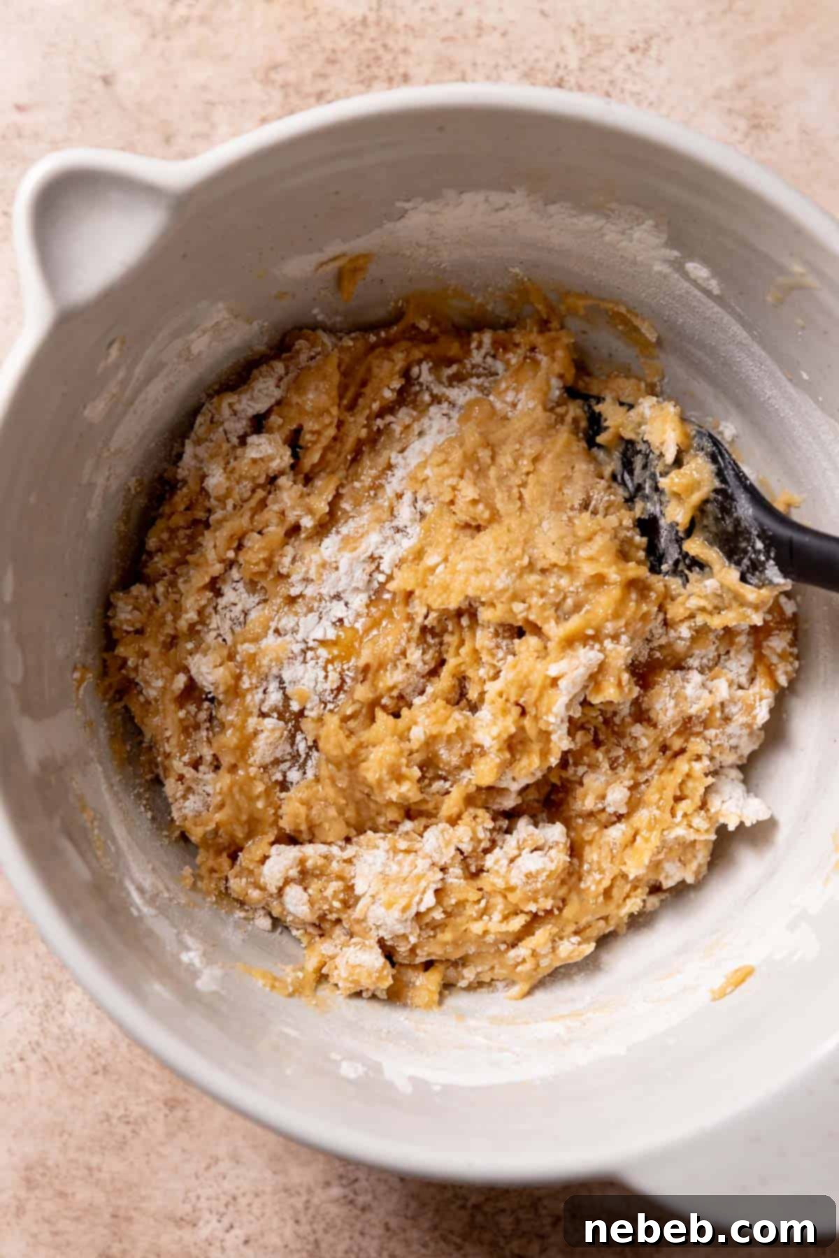 All-purpose flour, baking soda, and salt being gently folded into the wet cookie dough mixture with a rubber spatula.