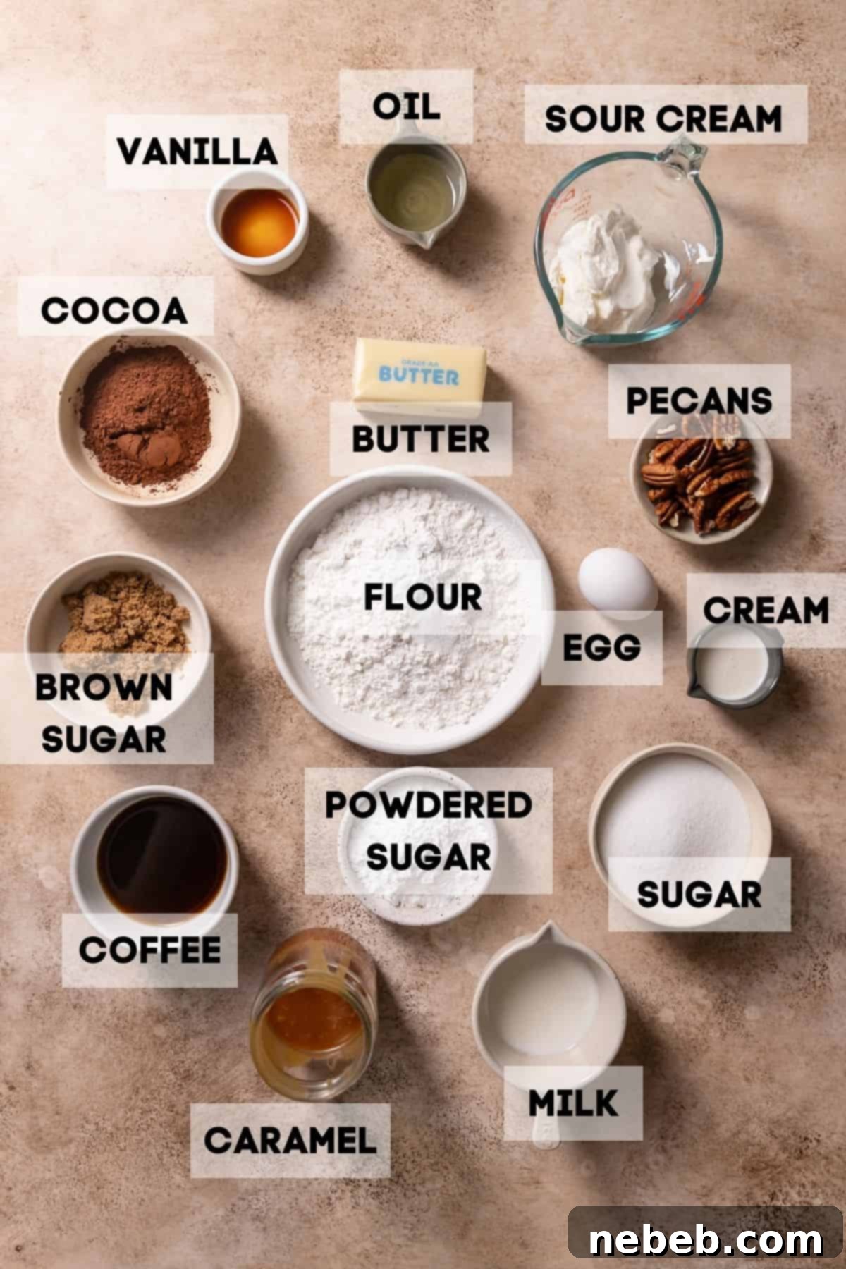 Ingredients needed to make turtle cupcakes in bowls with labels.