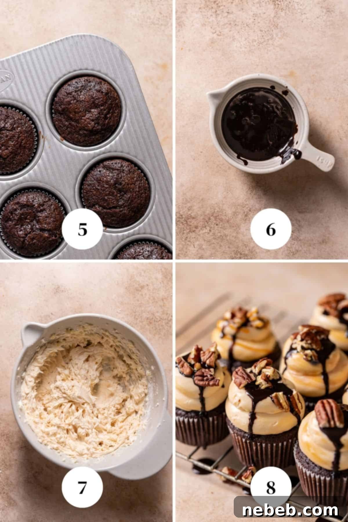 A process collage of the steps for making caramel buttercream and decorating the chocolate cupcakes.